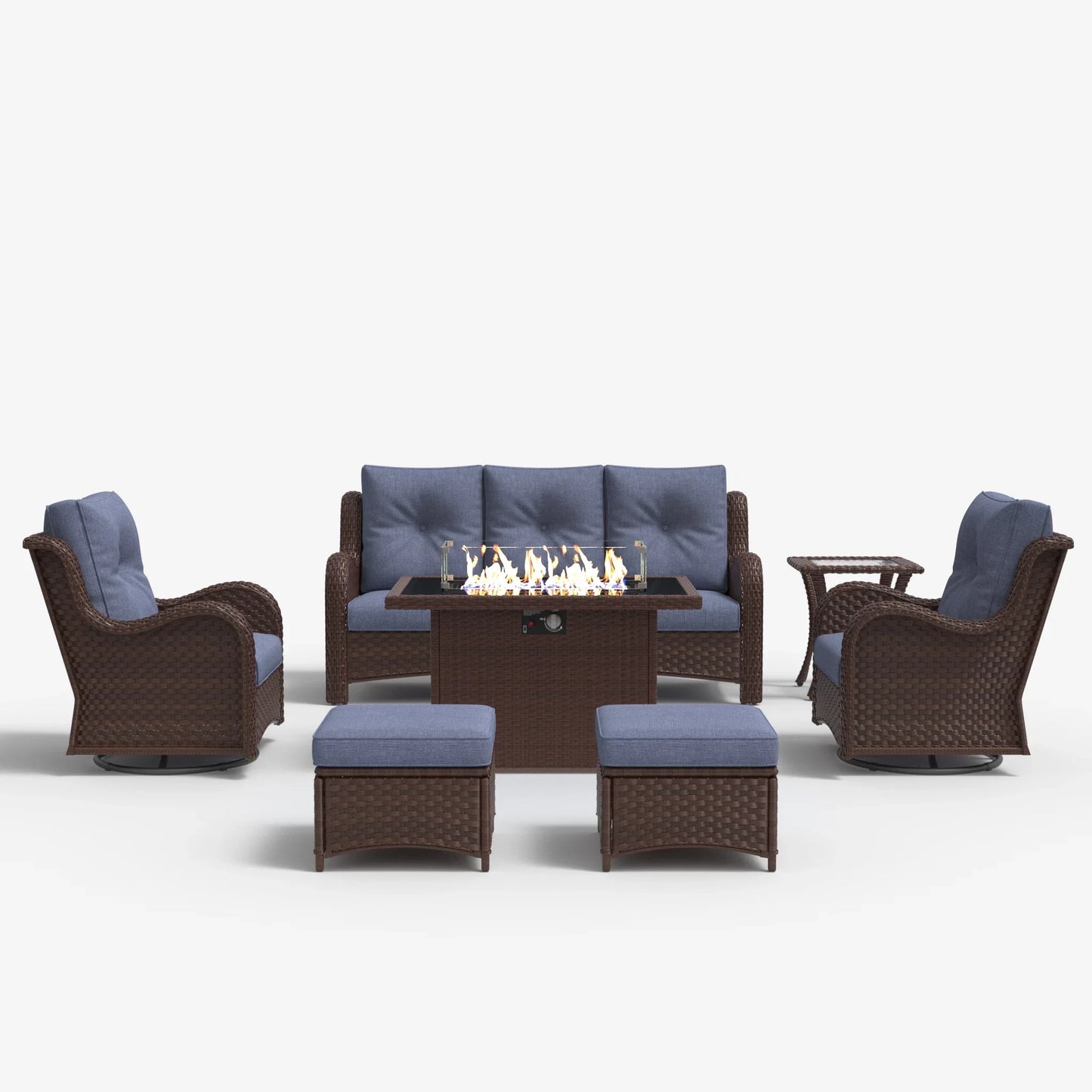 LayinSun 7 - Piece Outdoor Conversation Set with 44'' Propane Fire Pit Table and Swivel Chairs