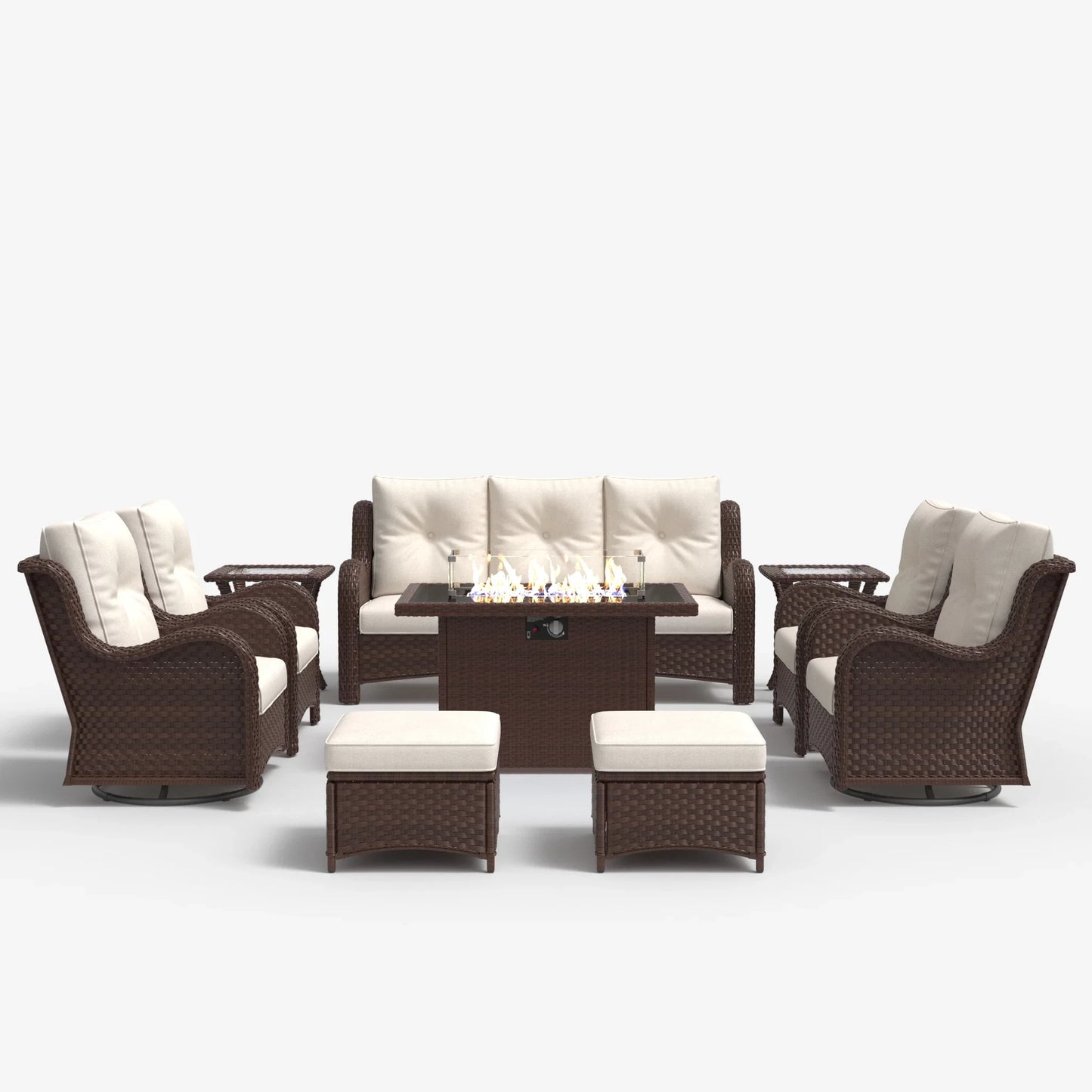 LayinSun 10 - Piece Outdoor Conversation Set with 44'' Propane Fire Pit Table and Swivel Chairs
