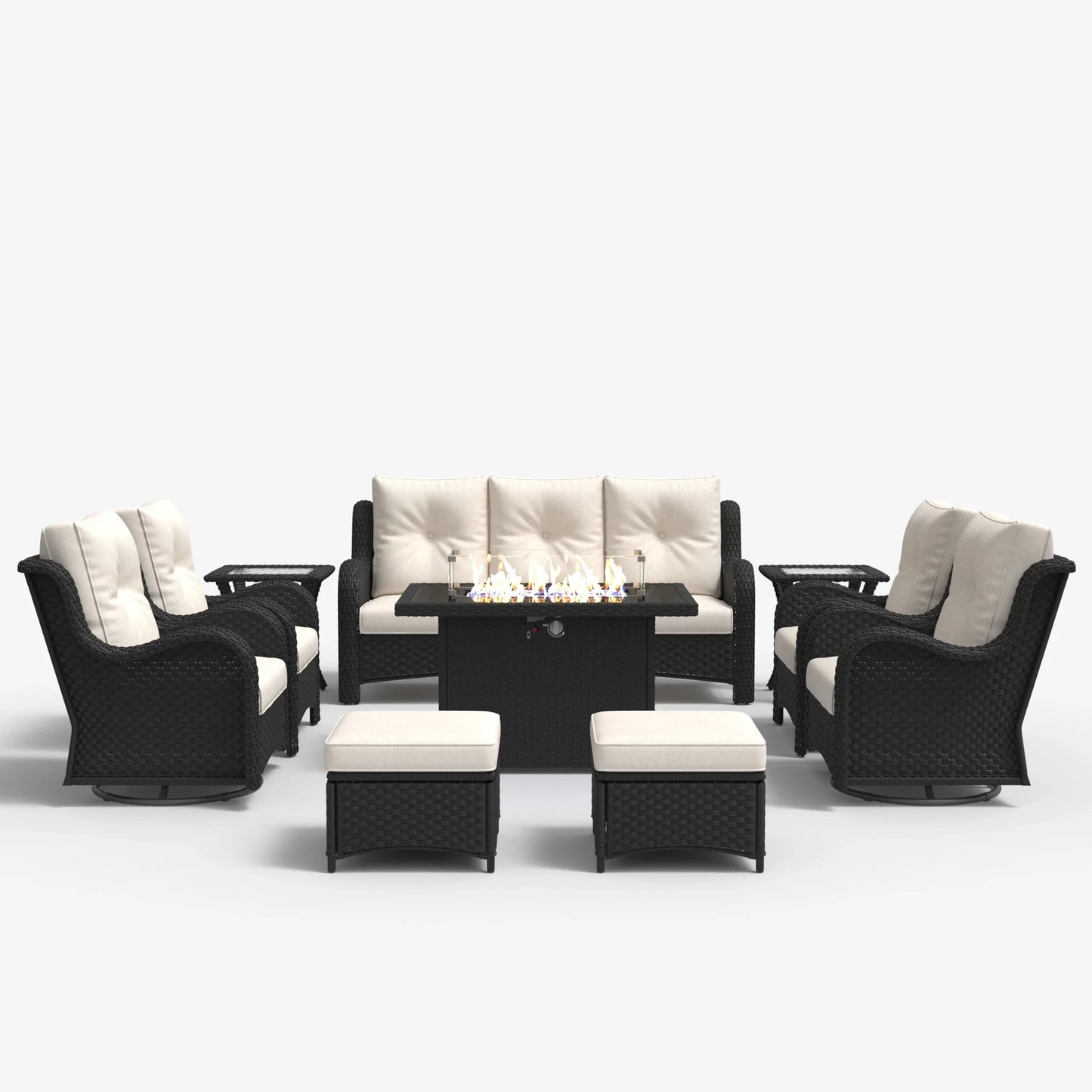 LayinSun 10 - Piece Outdoor Conversation Set with 44'' Propane Fire Pit Table and Swivel Chairs