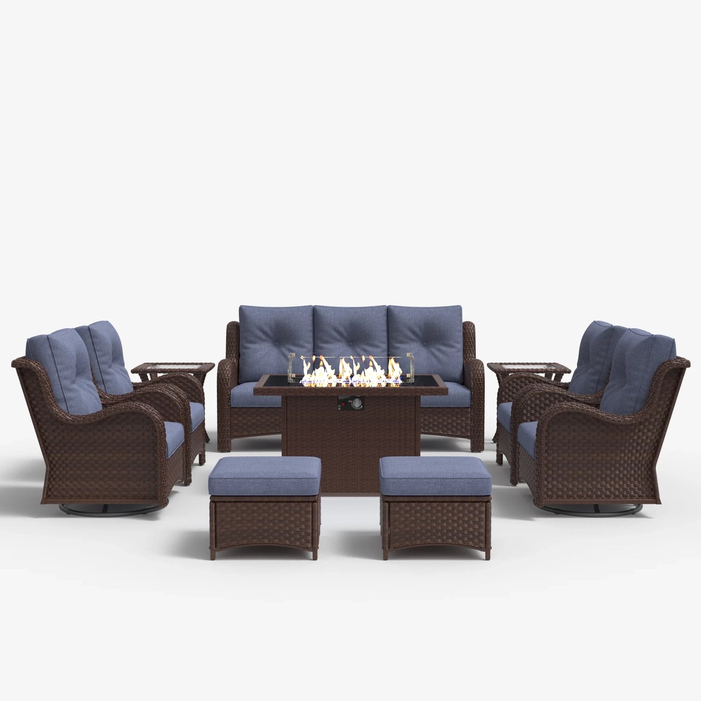 LayinSun 10 - Piece Outdoor Conversation Set with 44'' Propane Fire Pit Table and Swivel Chairs