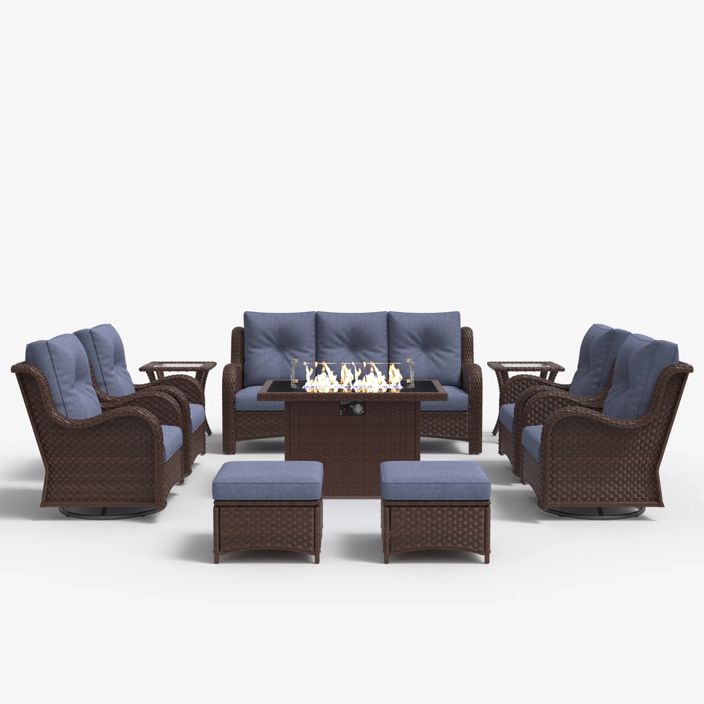 LayinSun 10 - Piece Outdoor Conversation Set with 44'' Propane Fire Pit Table and Swivel Chairs