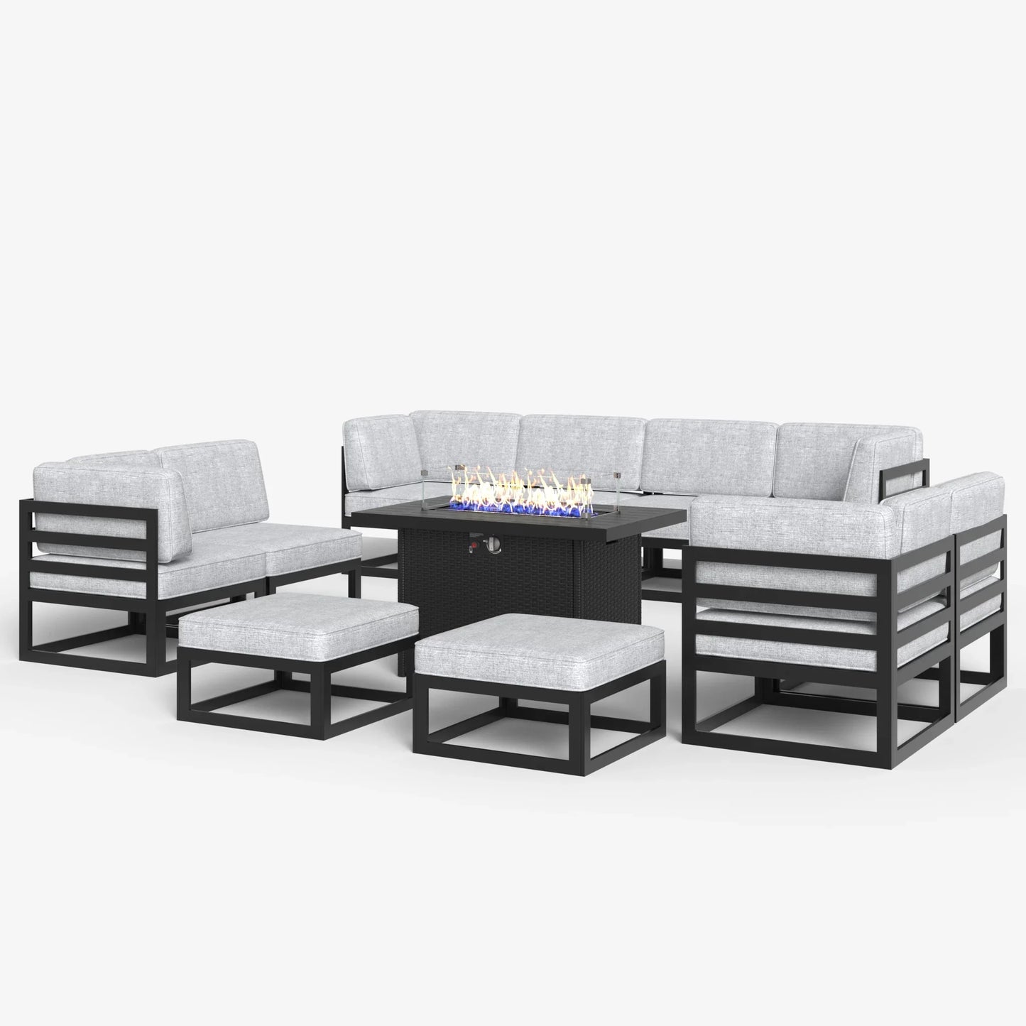 LayinSun 11 - Piece Large Outdoor Modular Sectional Set with Propane Fire Pit Table
