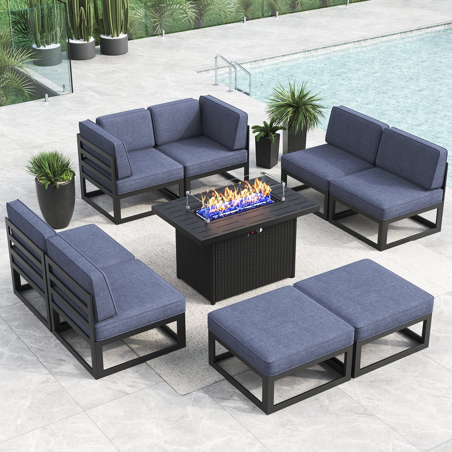 LayinSun 9 - Piece Large Outdoor Modular Sectional Set with Propane Fire Pit Table