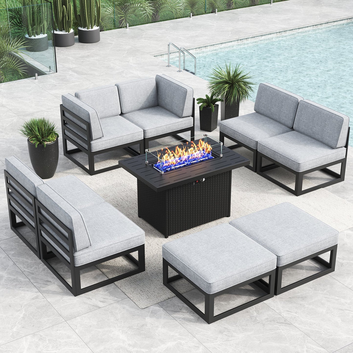 LayinSun 9 - Piece Large Outdoor Modular Sectional Set with Propane Fire Pit Table
