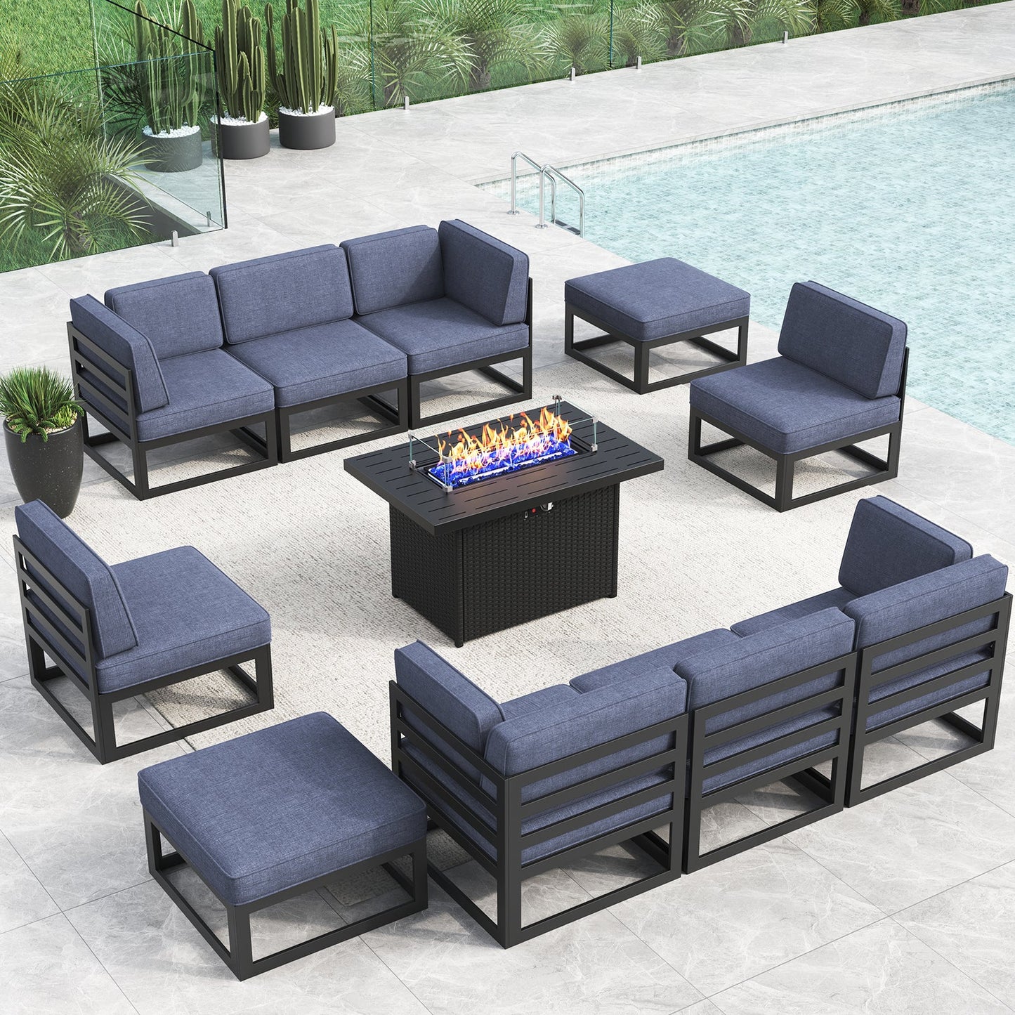 LayinSun 11 - Piece Large Outdoor Modular Sectional Set with Propane Fire Pit Table