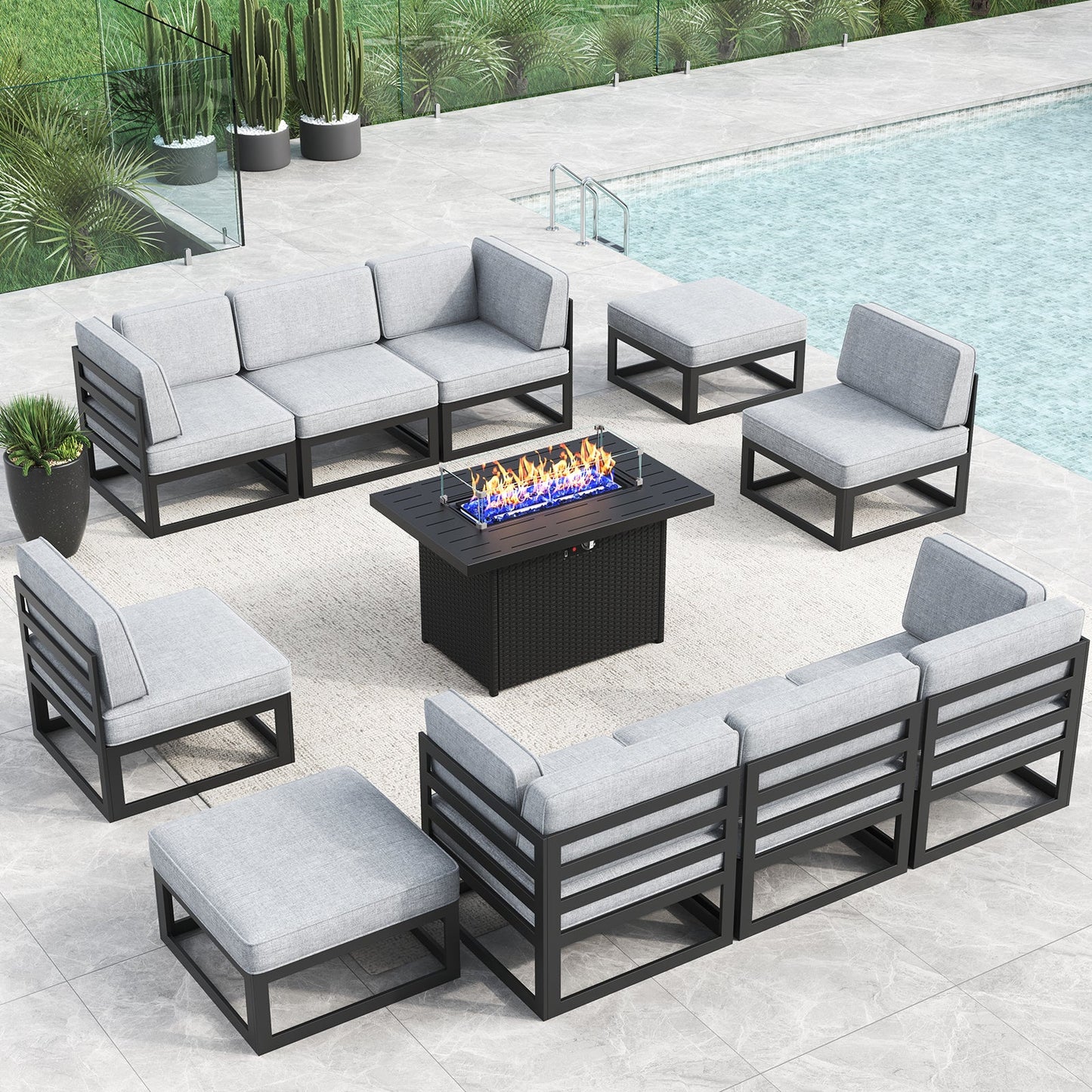 LayinSun 11 - Piece Large Outdoor Modular Sectional Set with Propane Fire Pit Table