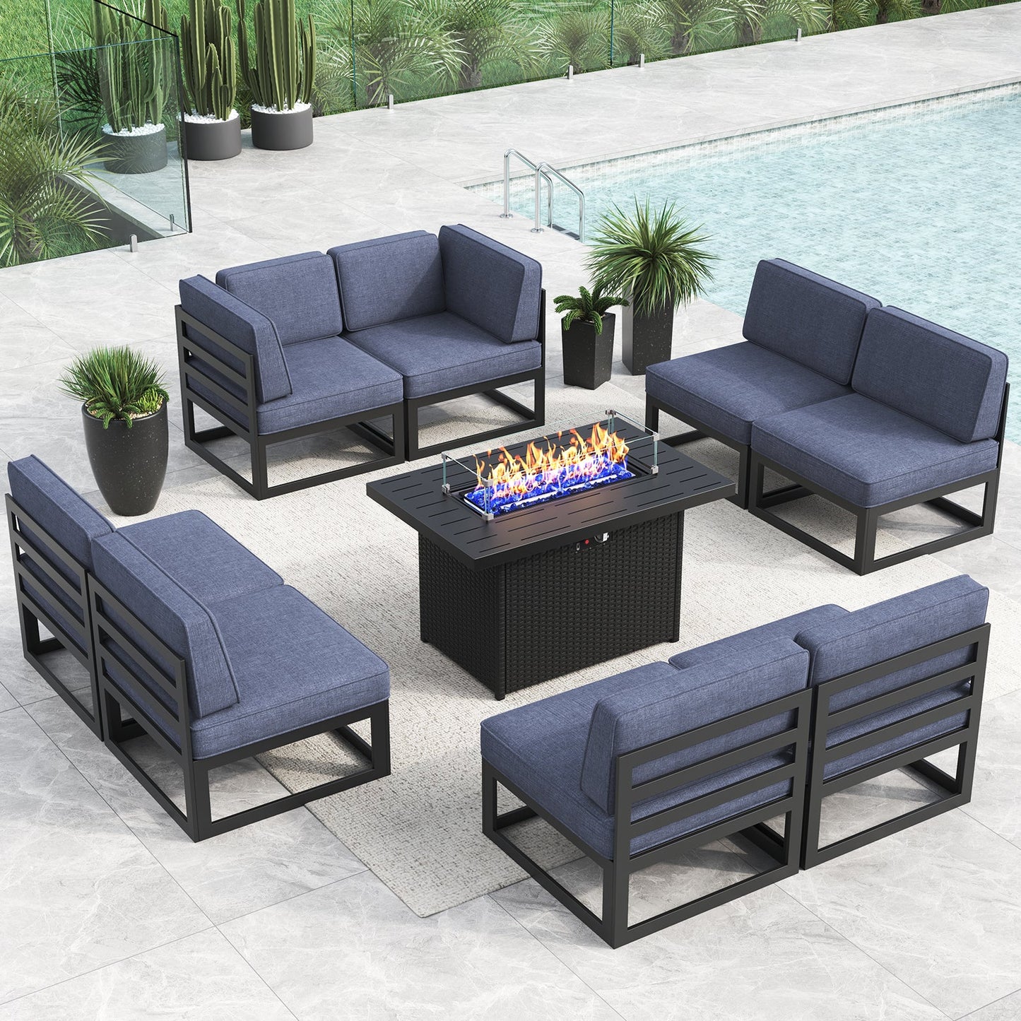LayinSun 9 - Piece Large Outdoor Modular Sectional Set with Propane Fire Pit Table