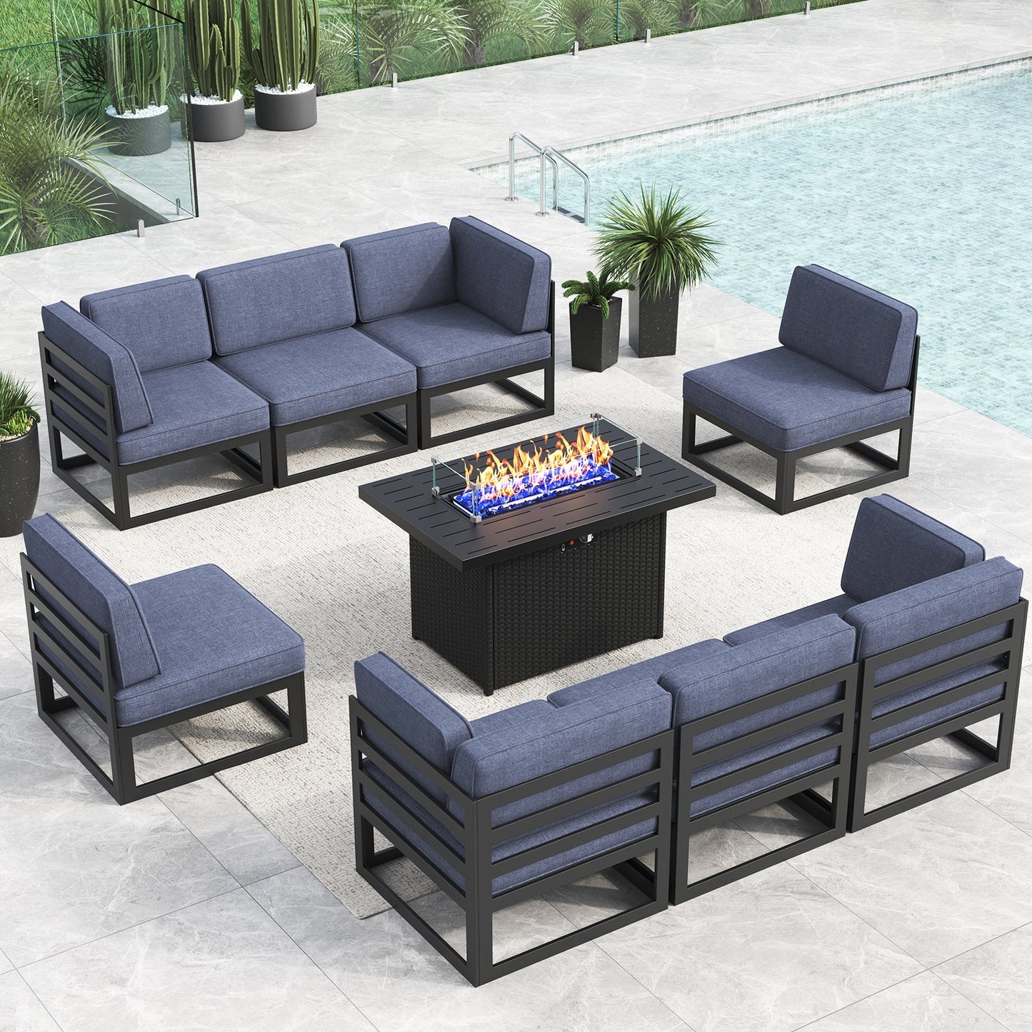 LayinSun 9 - Piece Large Outdoor Modular Sectional Set with Propane Fire Pit Table