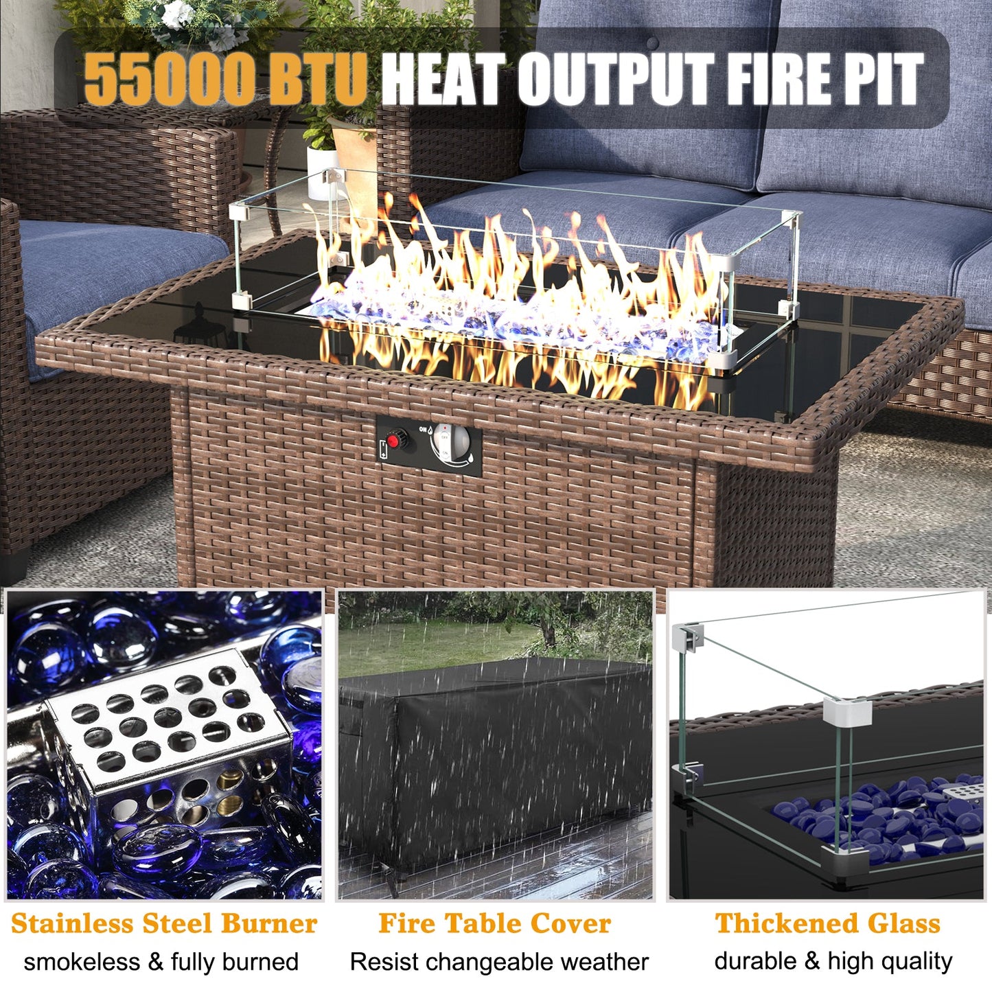 LayinSun 6 Pieces Traditional Patio Furniture Set with Wicker Armchair Chairs & Fire Pit Table