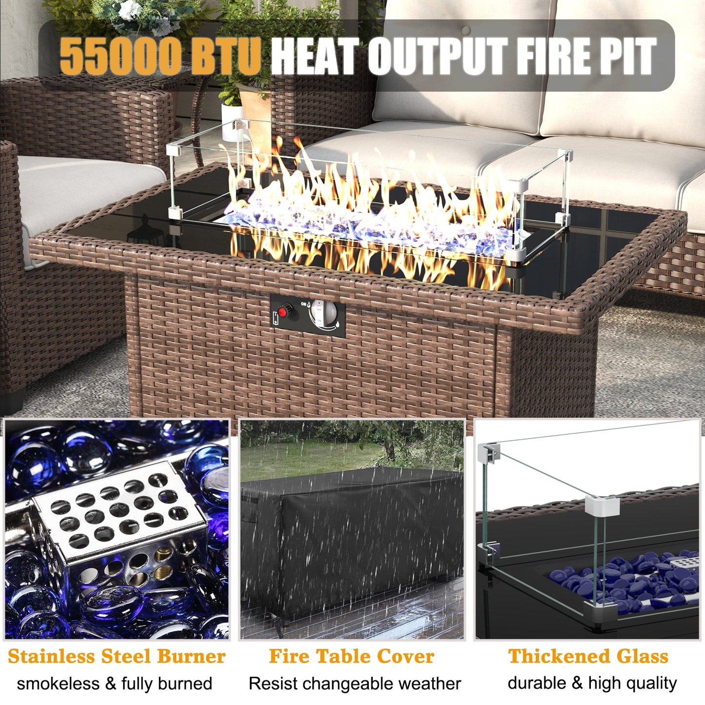 LayinSun 6 Pieces Traditional Patio Furniture Set with Wicker Armchair Chairs & Fire Pit Table