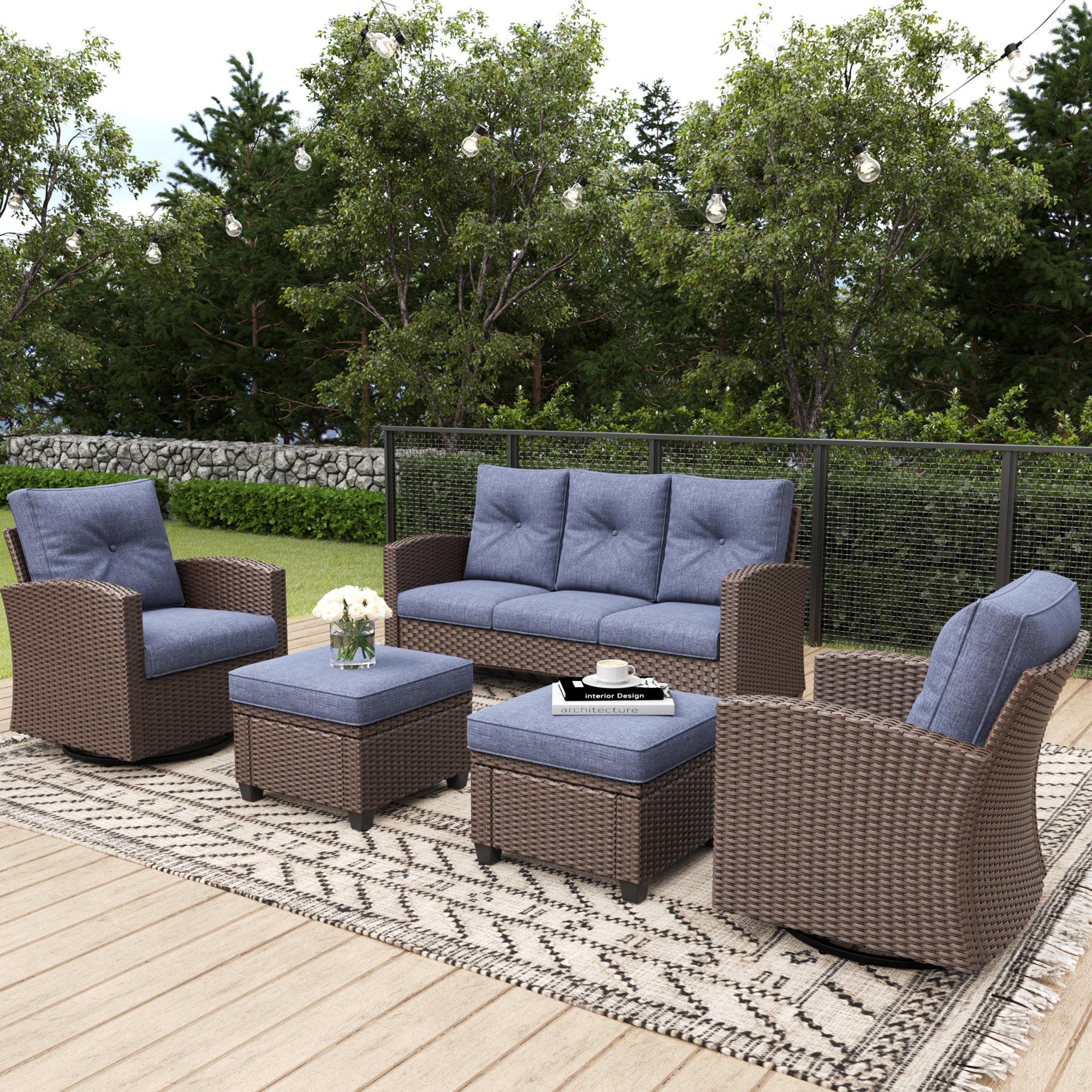LayinSun 5 Pieces Traditional Patio Furniture Set with Wicker Swivel Chairs