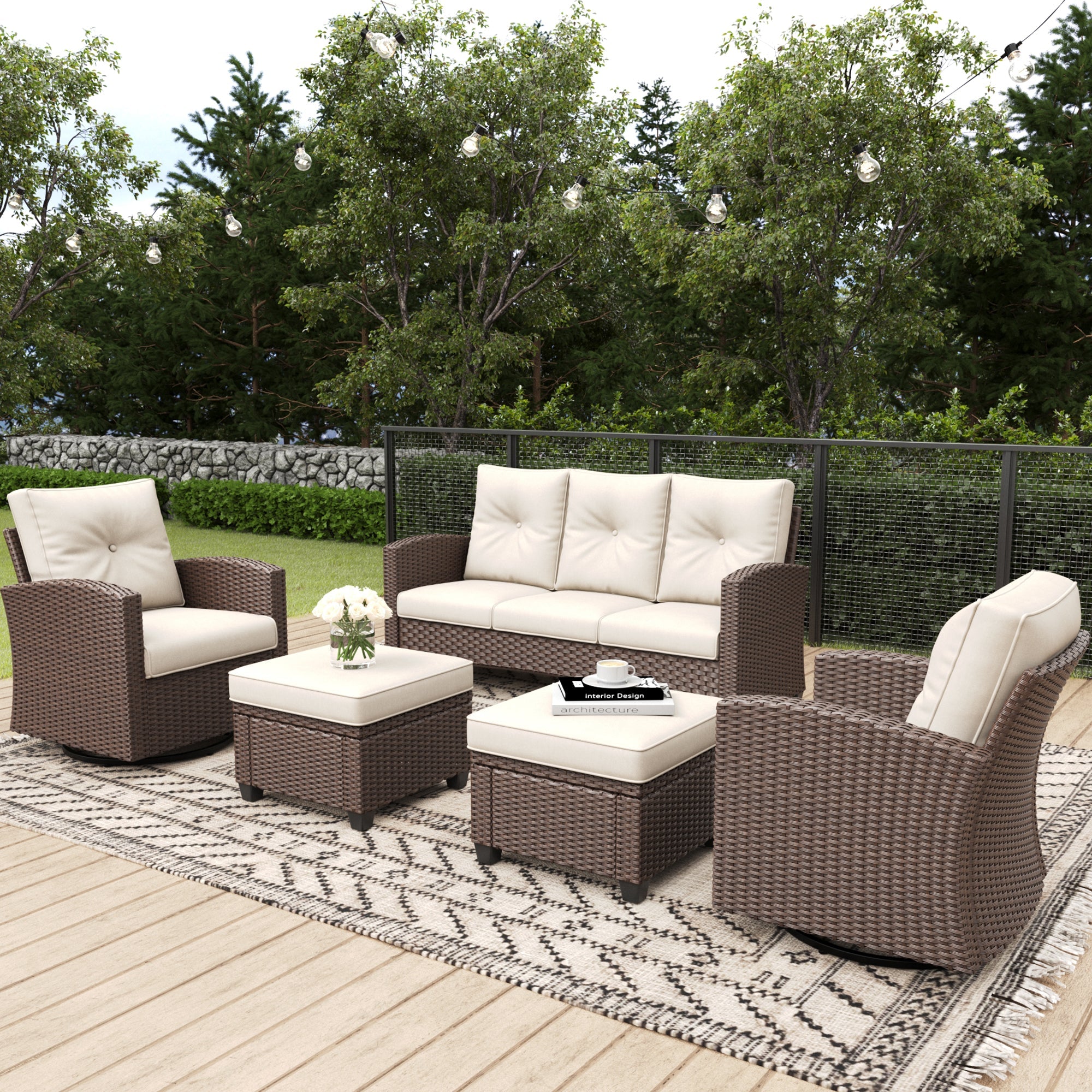 LayinSun 5 Pieces Traditional Patio Furniture Set with Wicker Swivel Chairs