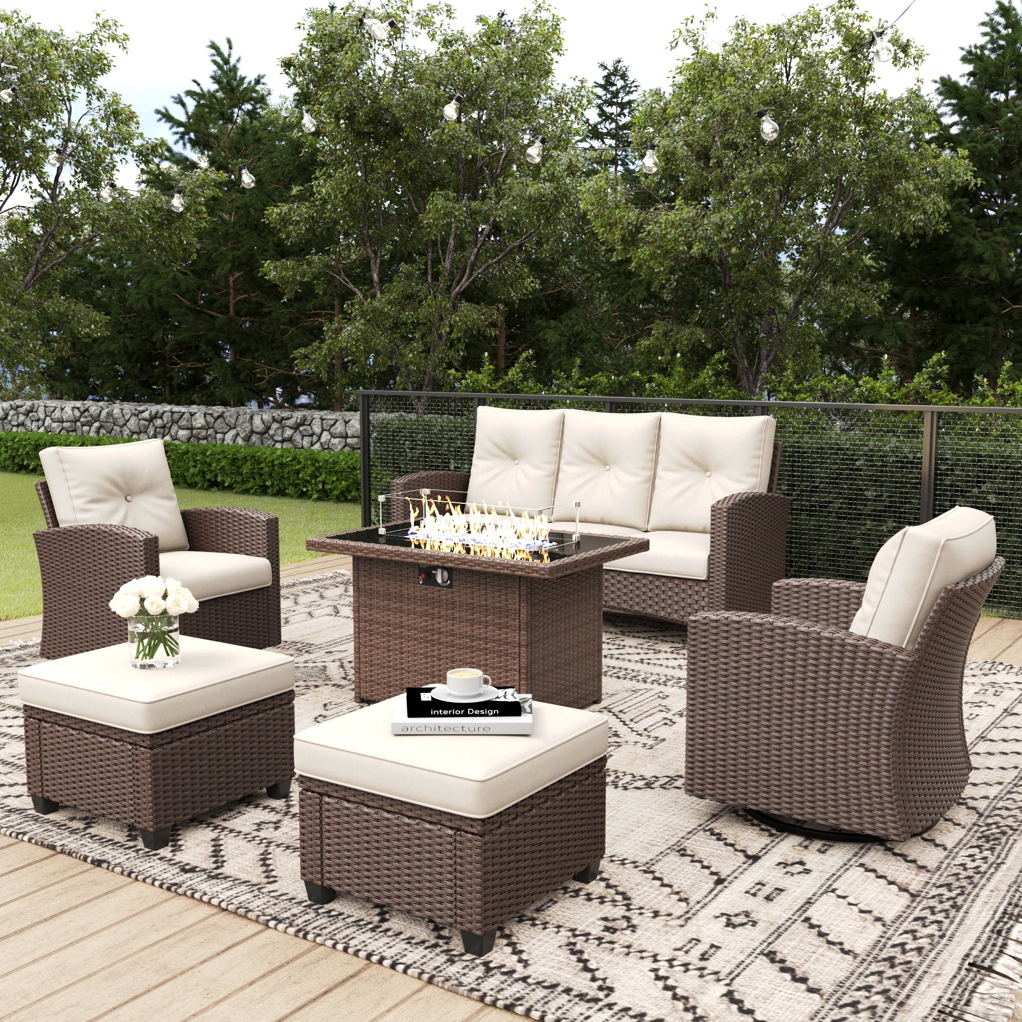 LayinSun 6 Pieces Traditional Patio Furniture Set with Wicker Swivel Chairs & Fire Pit Table
