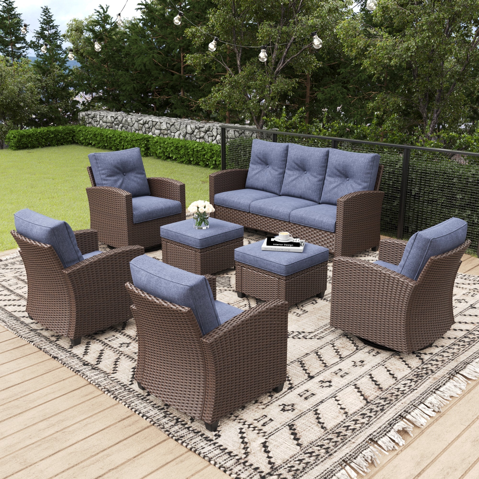 LayinSun 7 Pieces Traditional Patio Furniture Set with Wicker Swivel Chairs