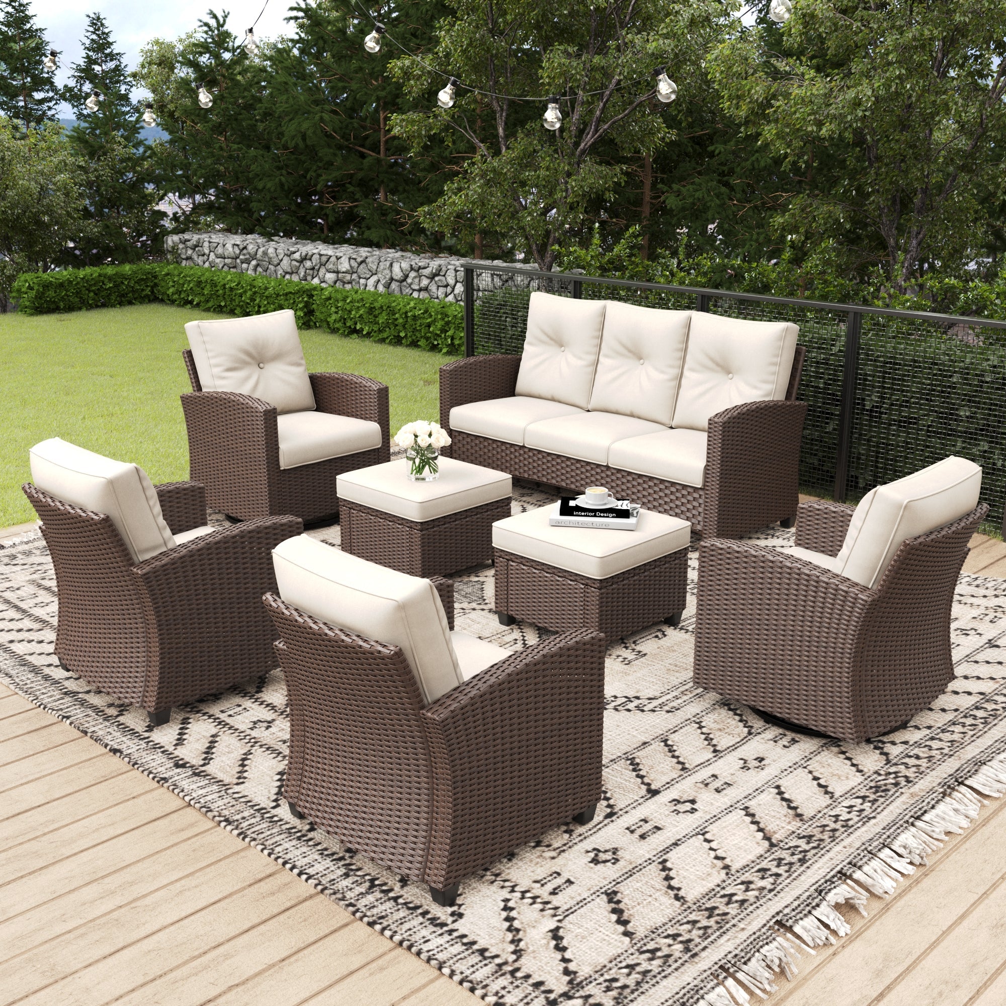 LayinSun 7 Pieces Traditional Patio Furniture Set with Wicker Swivel Chairs