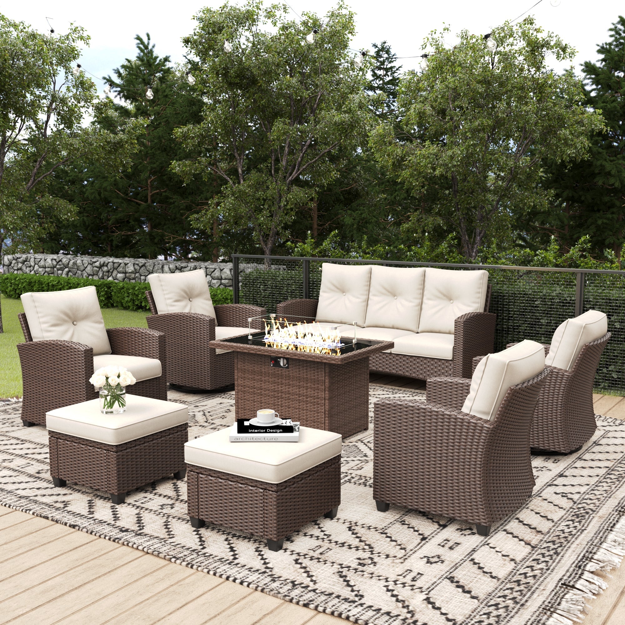 LayinSun 8 Pieces Traditional Patio Furniture Set with Wicker Swivel Chairs & Fire Pit Table