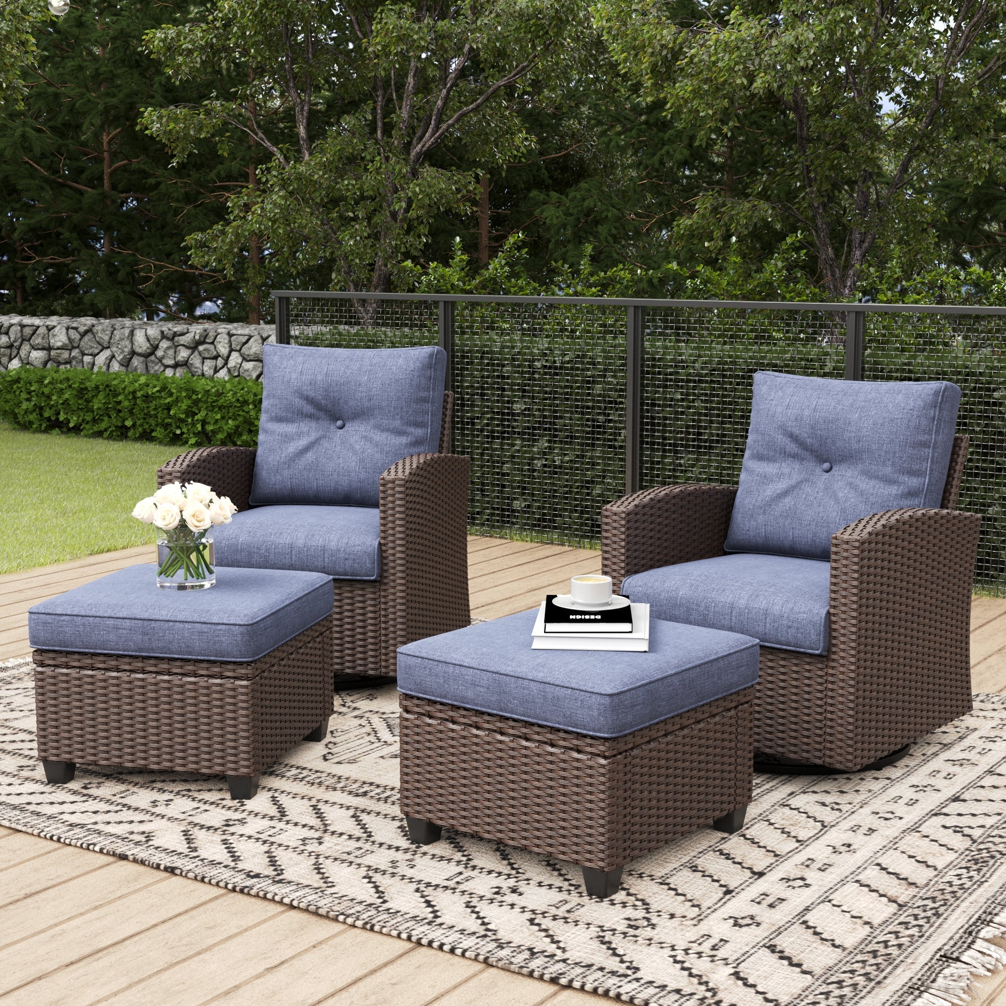 LayinSun 4 Pieces Traditional Patio Furniture Set with Wicker Swivel Chairs & Ottomans