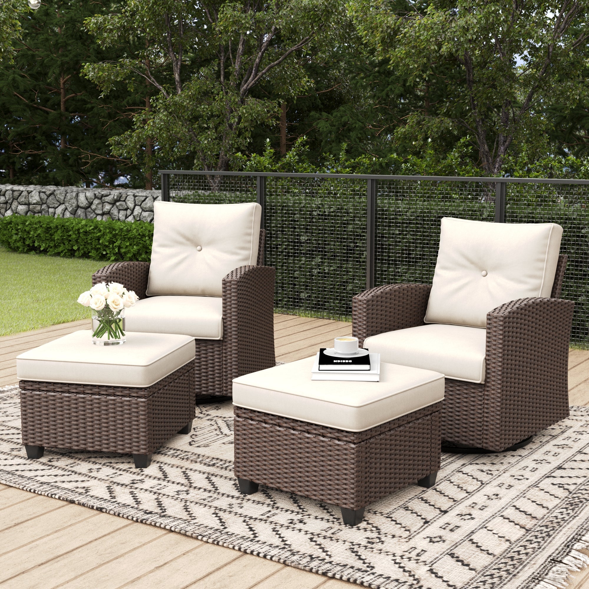LayinSun 4 Pieces Traditional Patio Furniture Set with Wicker Swivel Chairs & Ottomans