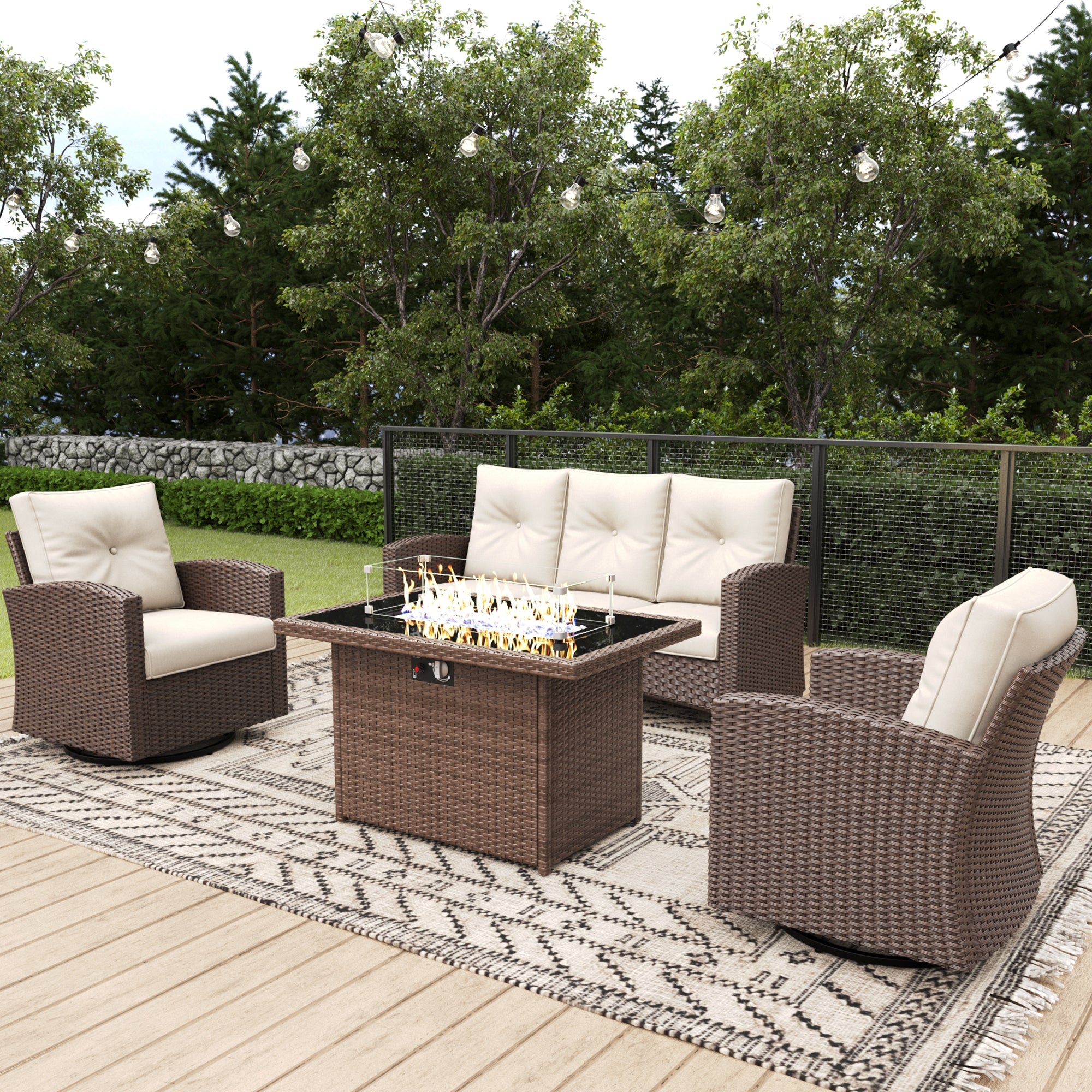 LayinSun 4 Pieces Traditional Patio Furniture Set with Wicker Swivel Chairs & Fire Pit Table