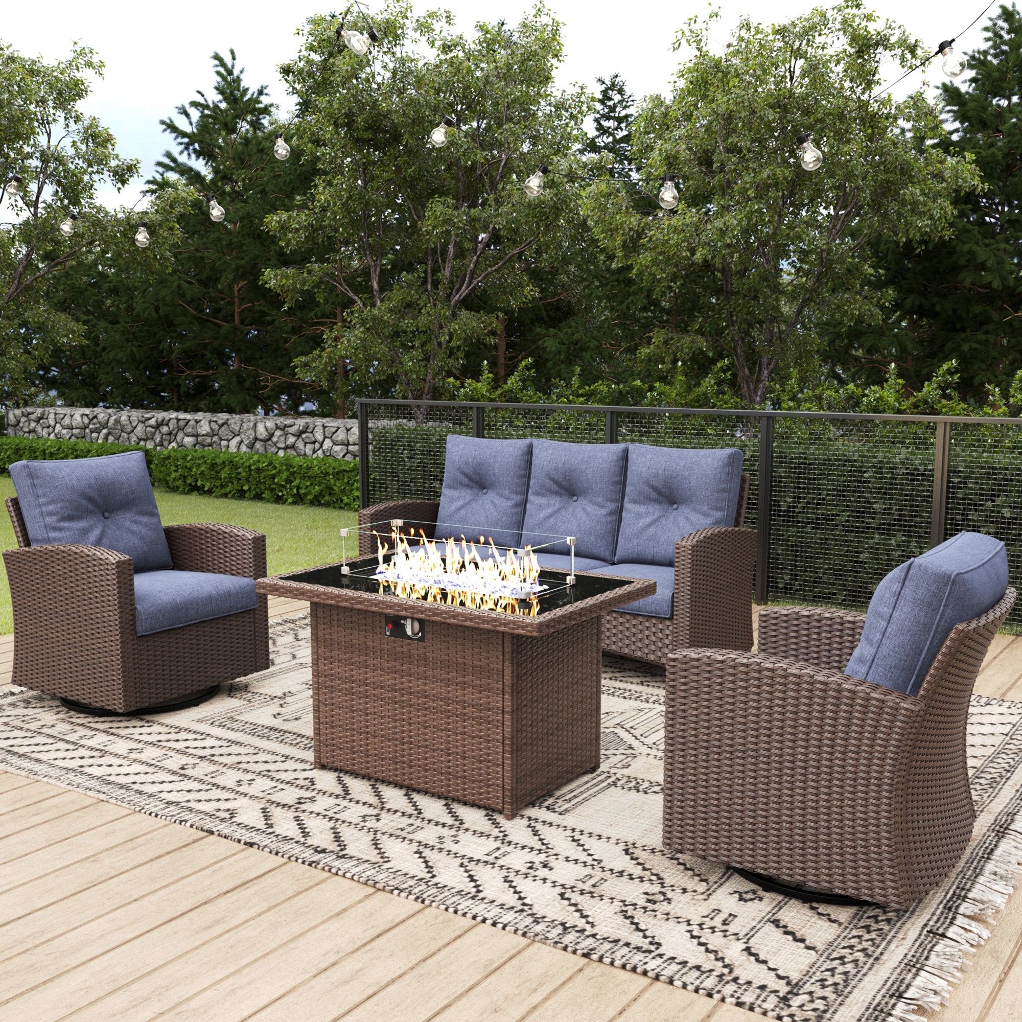LayinSun 4 Pieces Traditional Patio Furniture Set with Wicker Swivel Chairs & Fire Pit Table