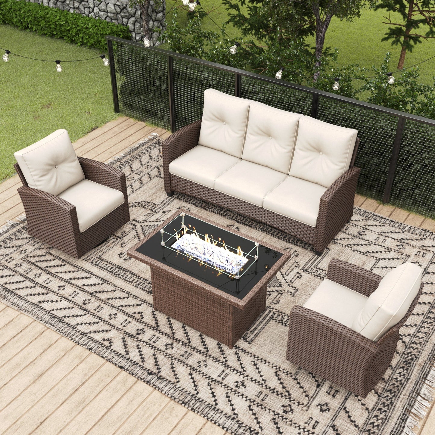 LayinSun 4 Pieces Traditional Patio Furniture Set with Wicker Swivel Chairs & Fire Pit Table
