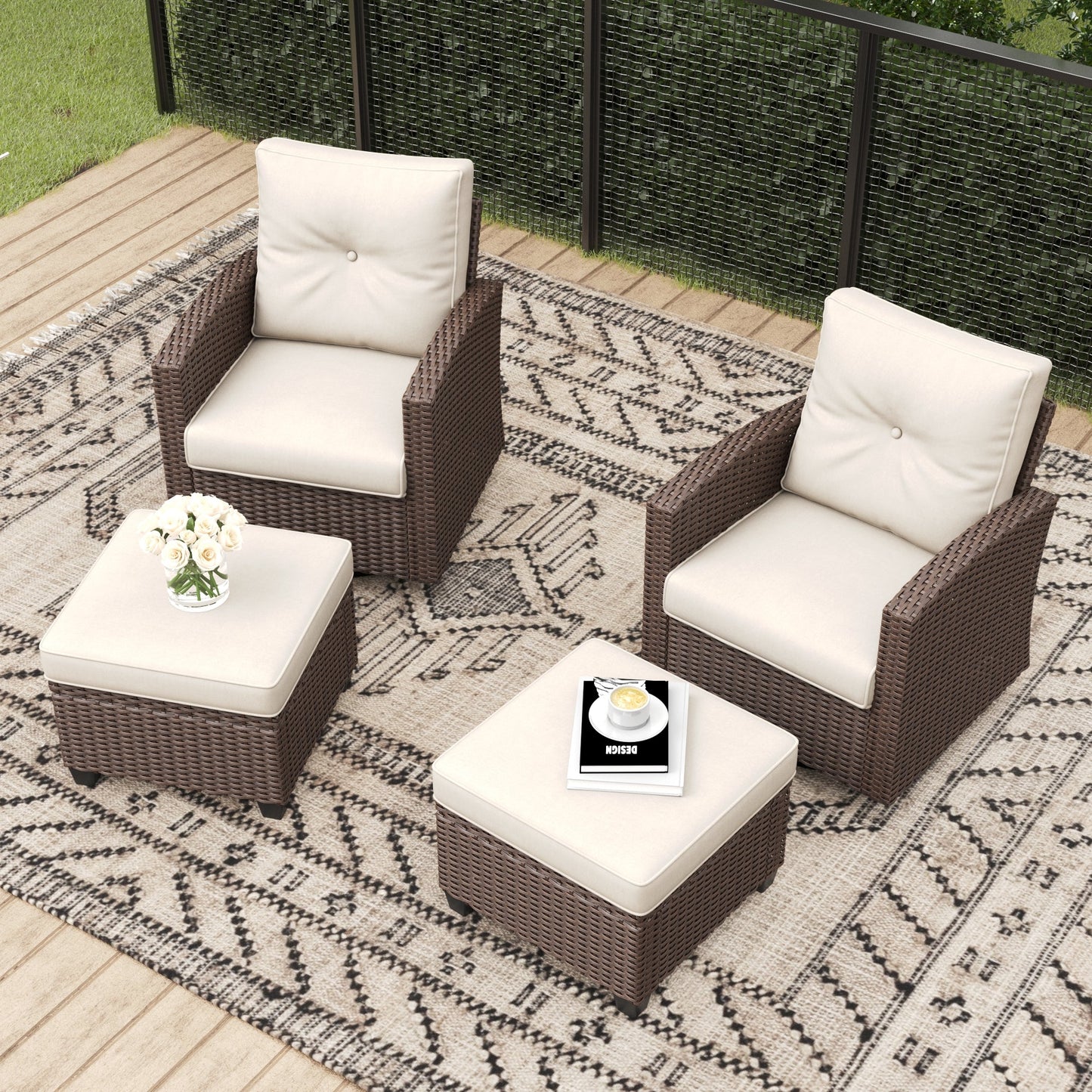 LayinSun 4 Pieces Traditional Patio Furniture Set with Wicker Swivel Chairs & Ottomans