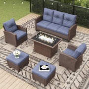 LayinSun 6 Pieces Traditional Patio Furniture Set with Wicker Swivel Chairs & Fire Pit Table
