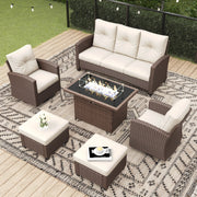 LayinSun 6 Pieces Traditional Patio Furniture Set with Wicker Swivel Chairs & Fire Pit Table