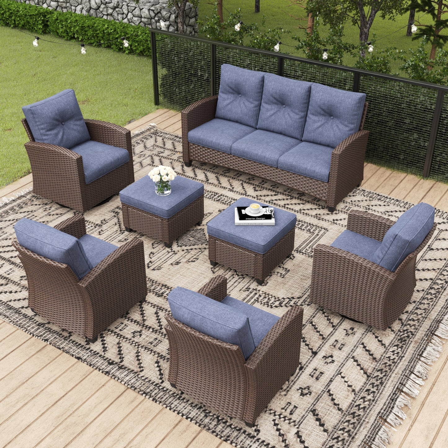 LayinSun 7 Pieces Traditional Patio Furniture Set with Wicker Swivel Chairs