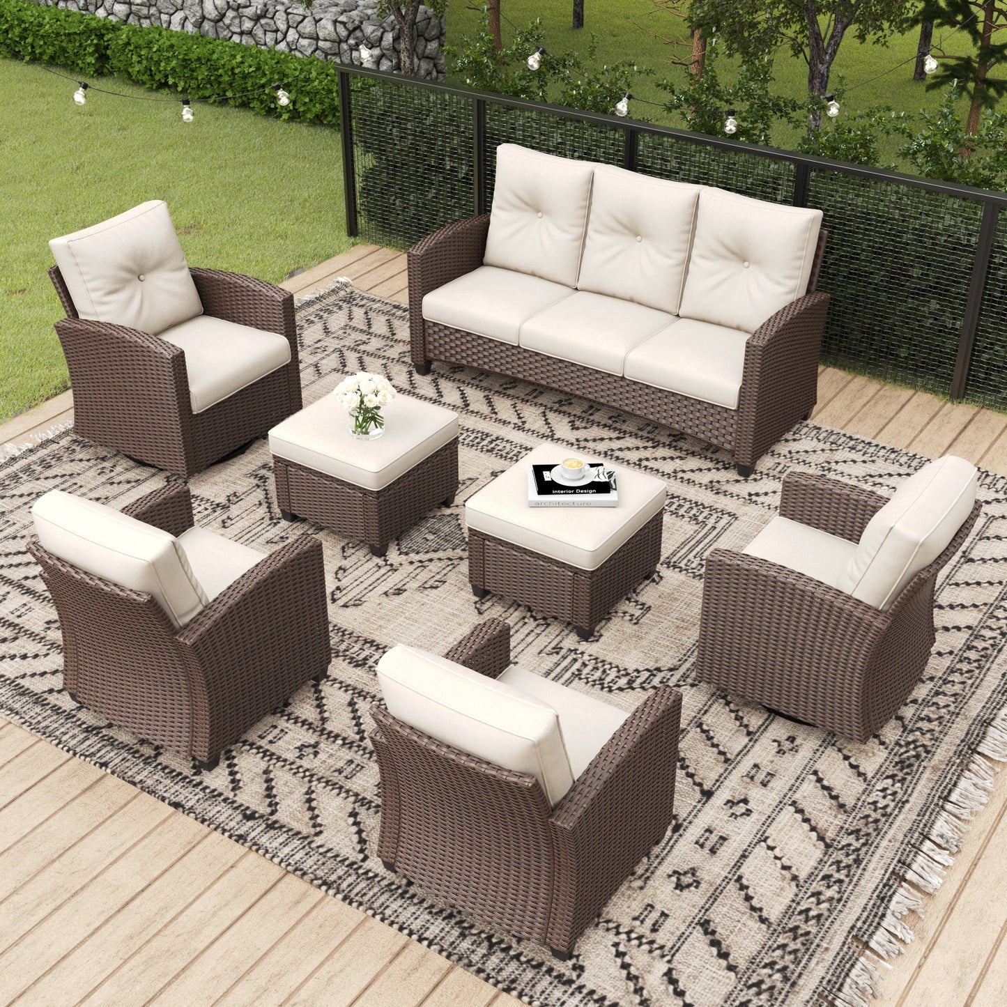 LayinSun 7 Pieces Traditional Patio Furniture Set with Wicker Swivel Chairs