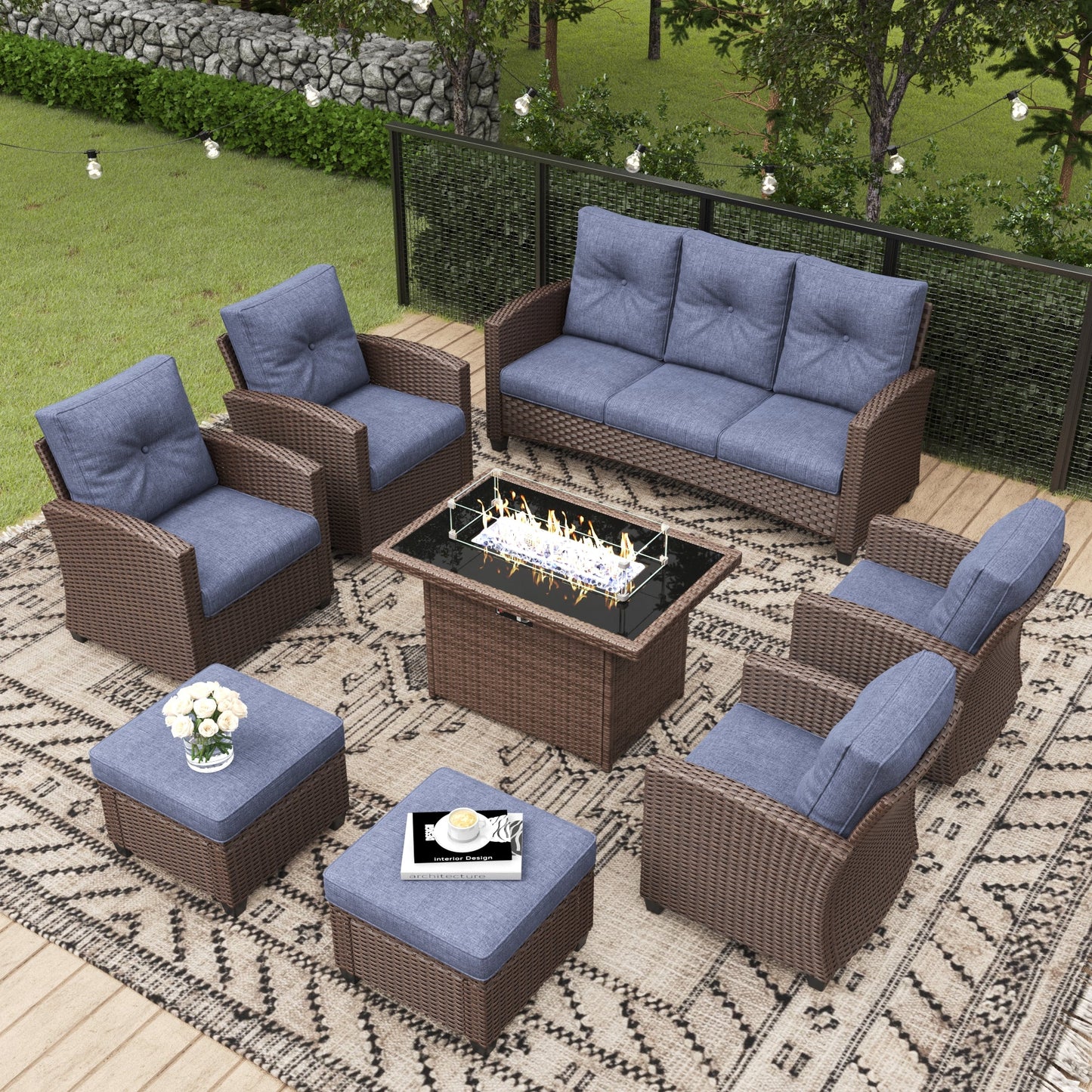 LayinSun 8 Pieces Traditional Patio Furniture Set with Wicker Swivel Chairs & Fire Pit Table