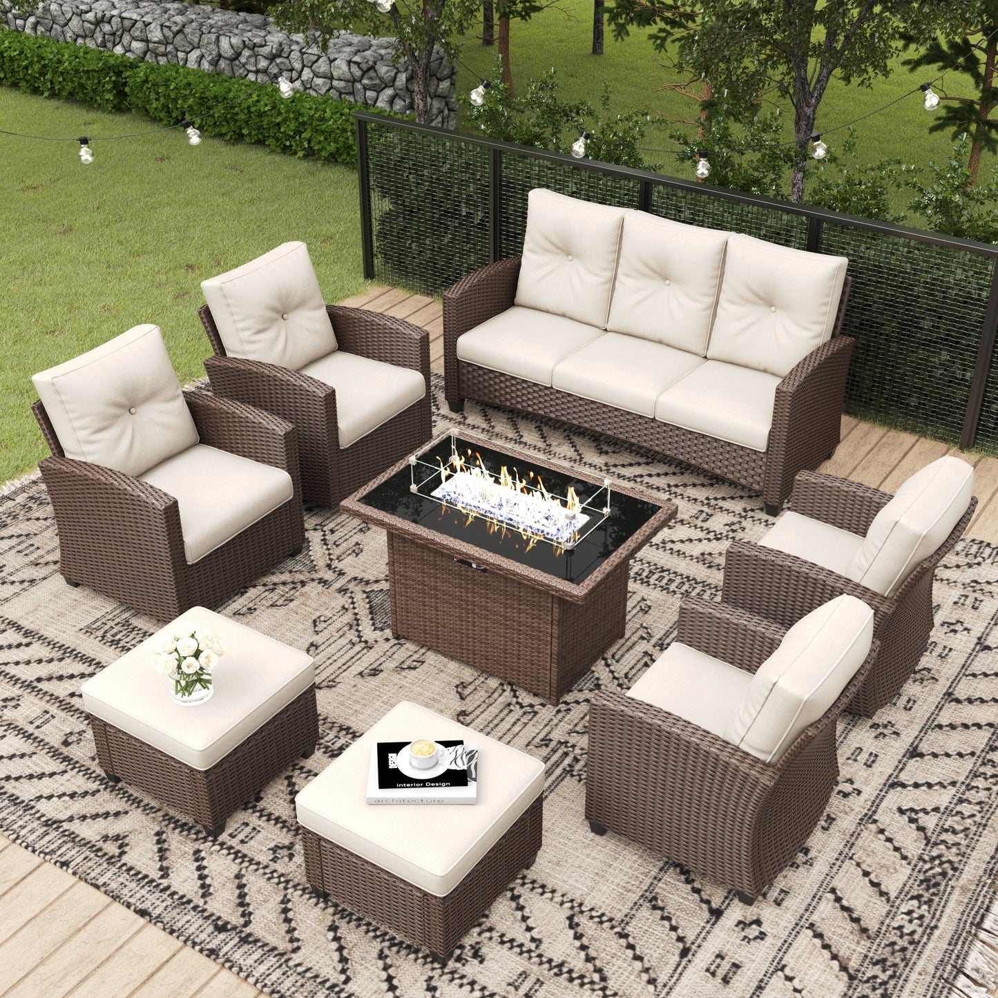 LayinSun 8 Pieces Traditional Patio Furniture Set with Wicker Swivel Chairs & Fire Pit Table