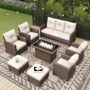 LayinSun 8 Pieces Traditional Patio Furniture Set with Wicker Swivel Chairs & Fire Pit Table