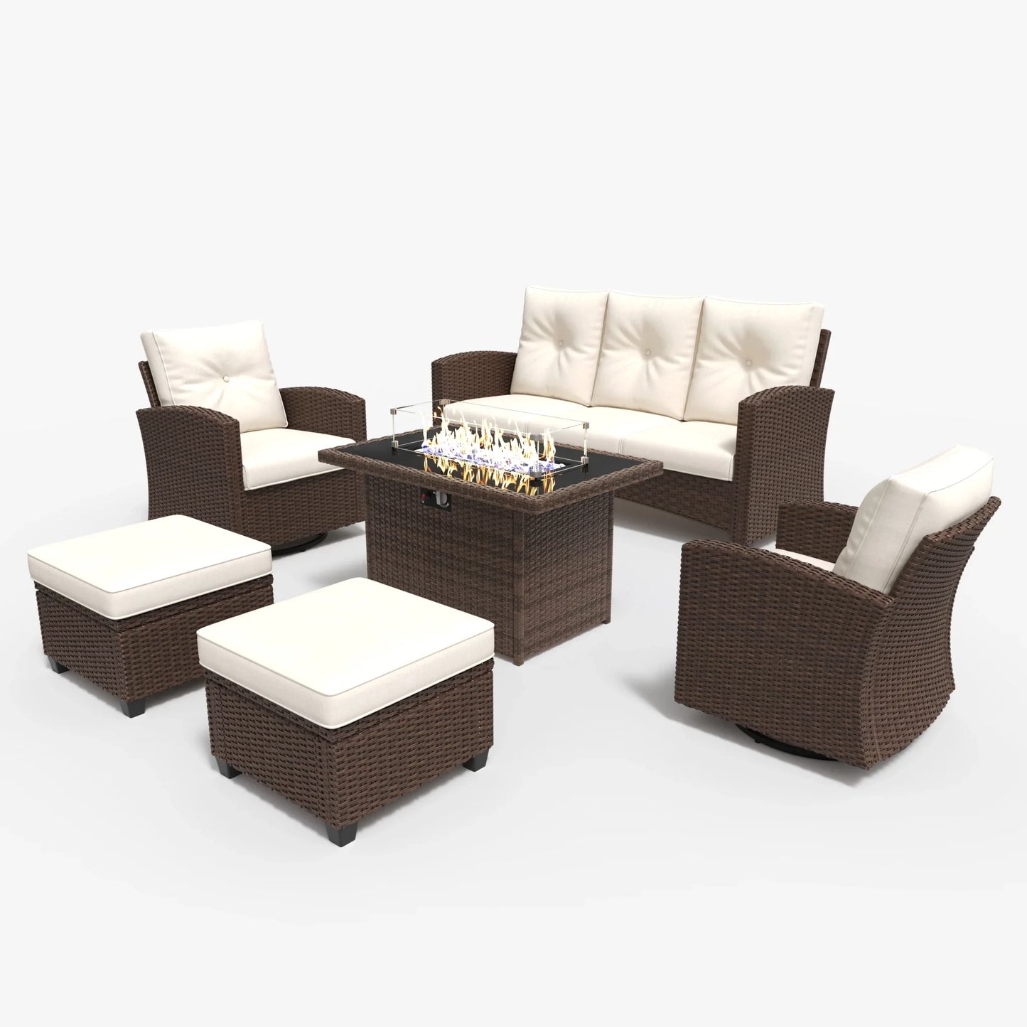 LayinSun 6 Pieces Traditional Patio Furniture Set with Wicker Swivel Chairs & Fire Pit Table