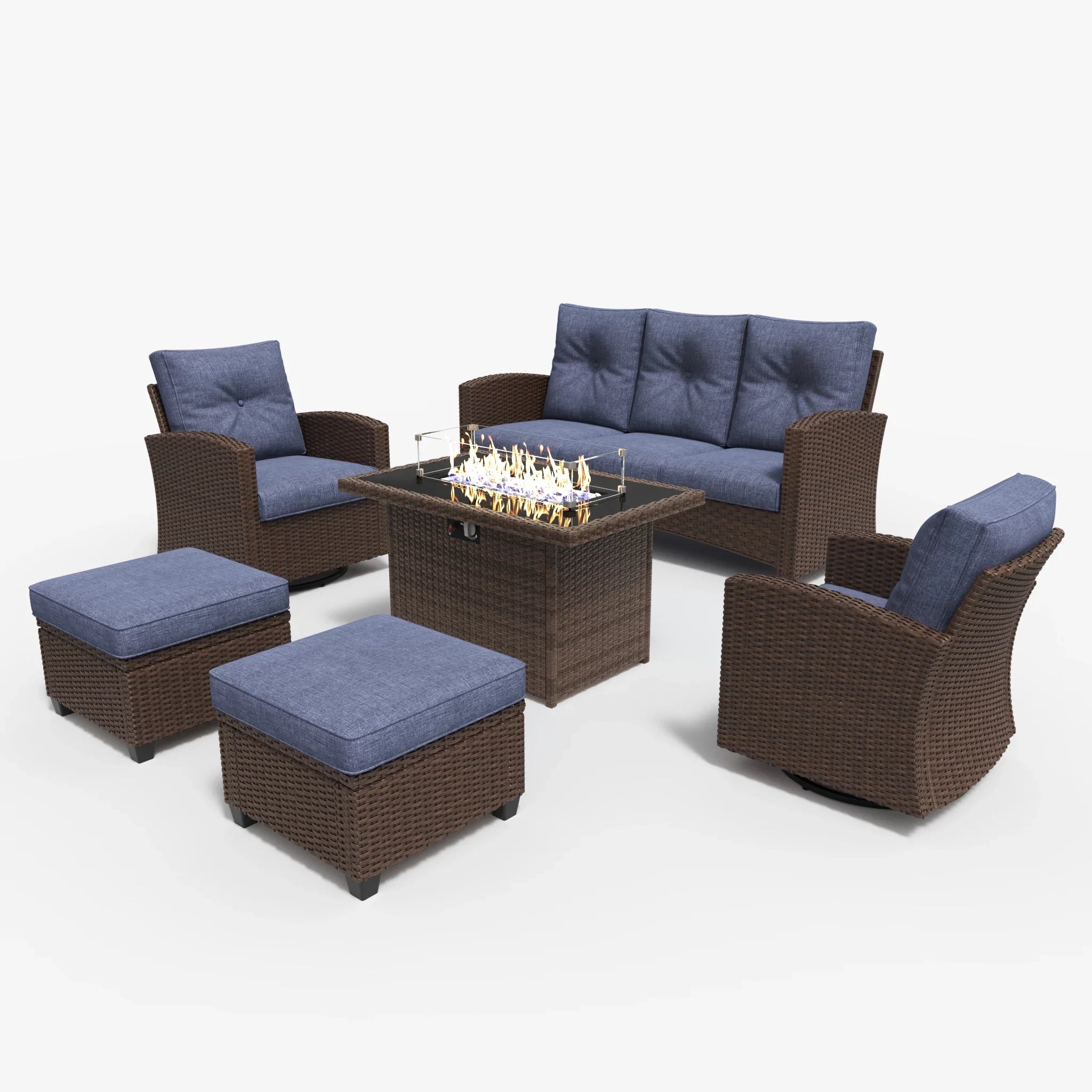 LayinSun 6 Pieces Traditional Patio Furniture Set with Wicker Swivel Chairs & Fire Pit Table