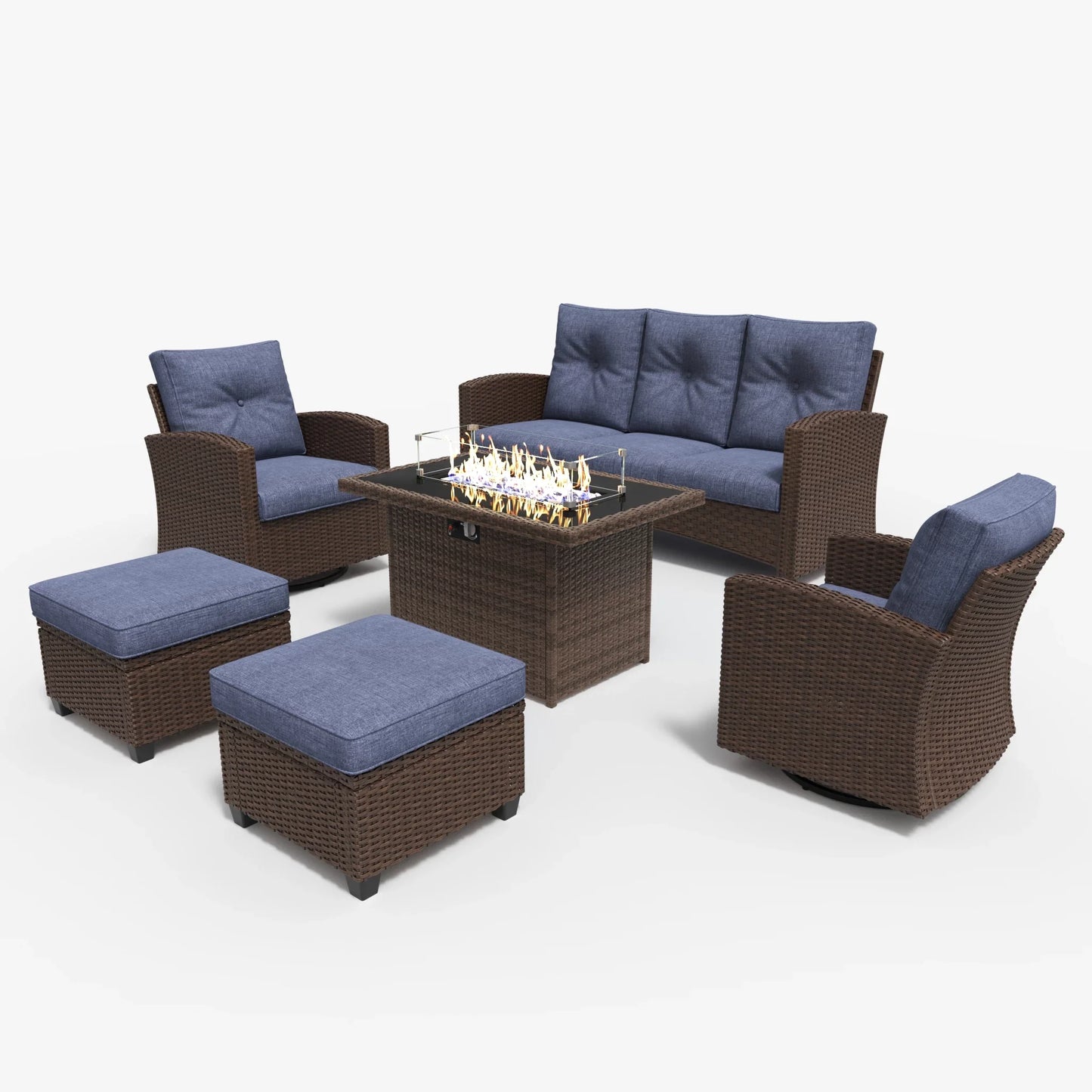 LayinSun 6 Pieces Traditional Patio Furniture Set with Wicker Swivel Chairs & Fire Pit Table