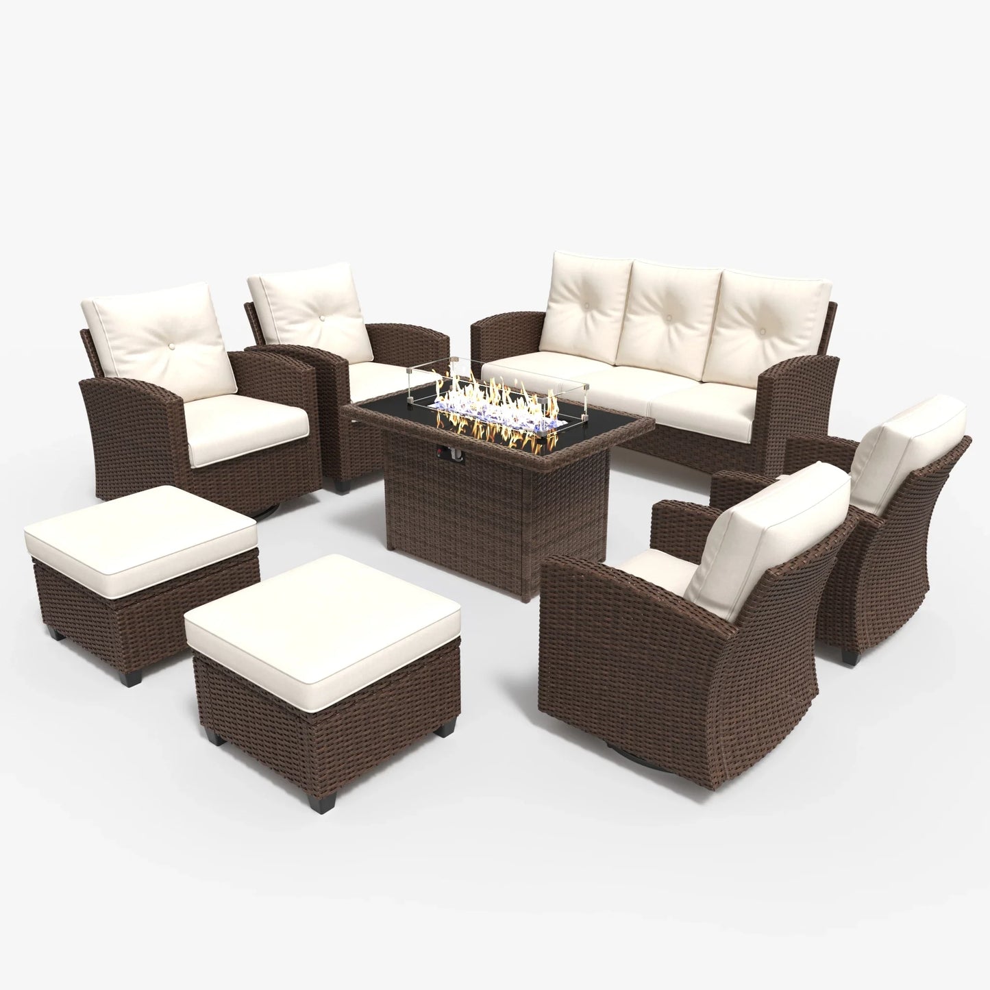 LayinSun 8 Pieces Traditional Patio Furniture Set with Wicker Swivel Chairs & Fire Pit Table