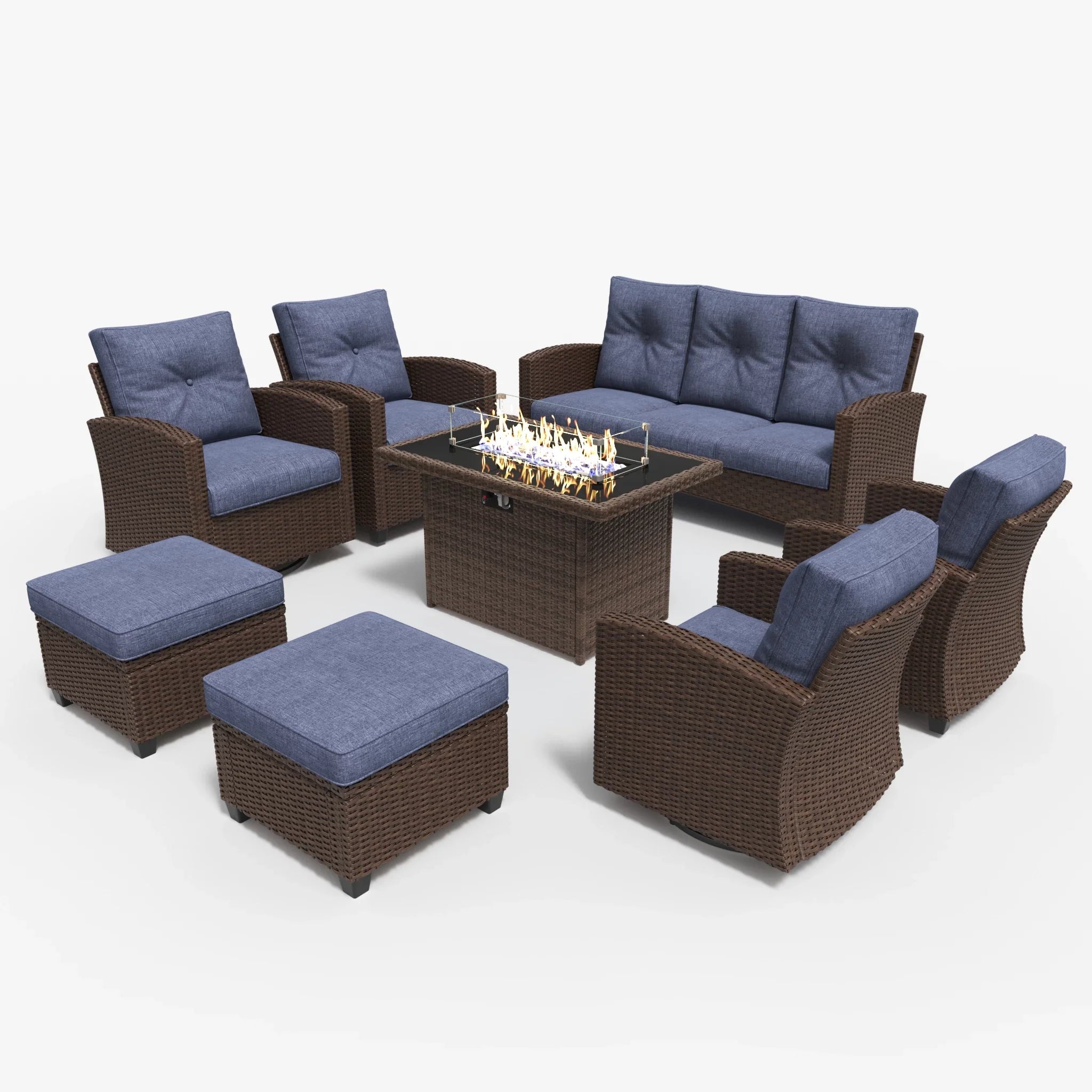 LayinSun 8 Pieces Traditional Patio Furniture Set with Wicker Swivel Chairs & Fire Pit Table