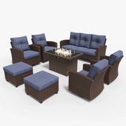 LayinSun 8 Pieces Traditional Patio Furniture Set with Wicker Swivel Chairs & Fire Pit Table
