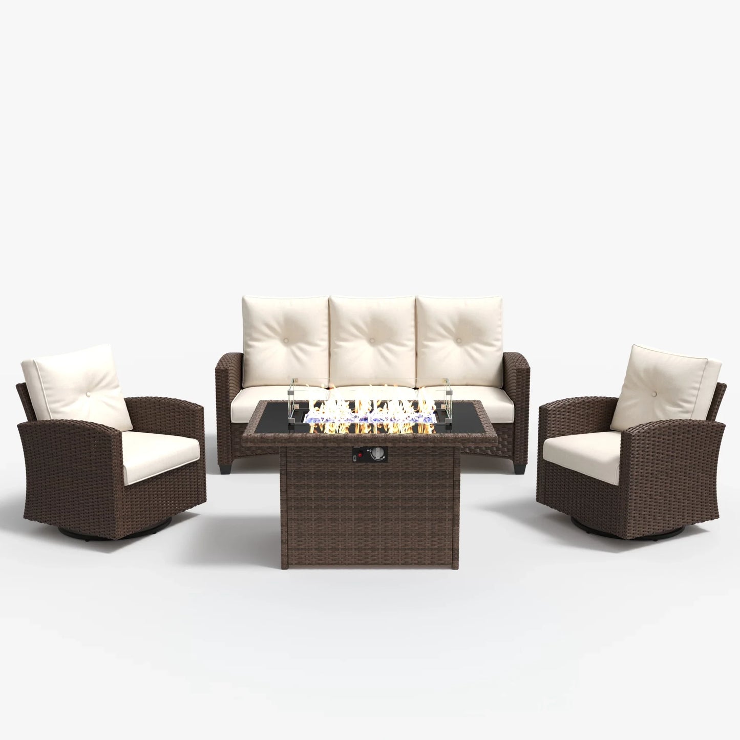 LayinSun 4 Pieces Traditional Patio Furniture Set with Wicker Swivel Chairs & Fire Pit Table