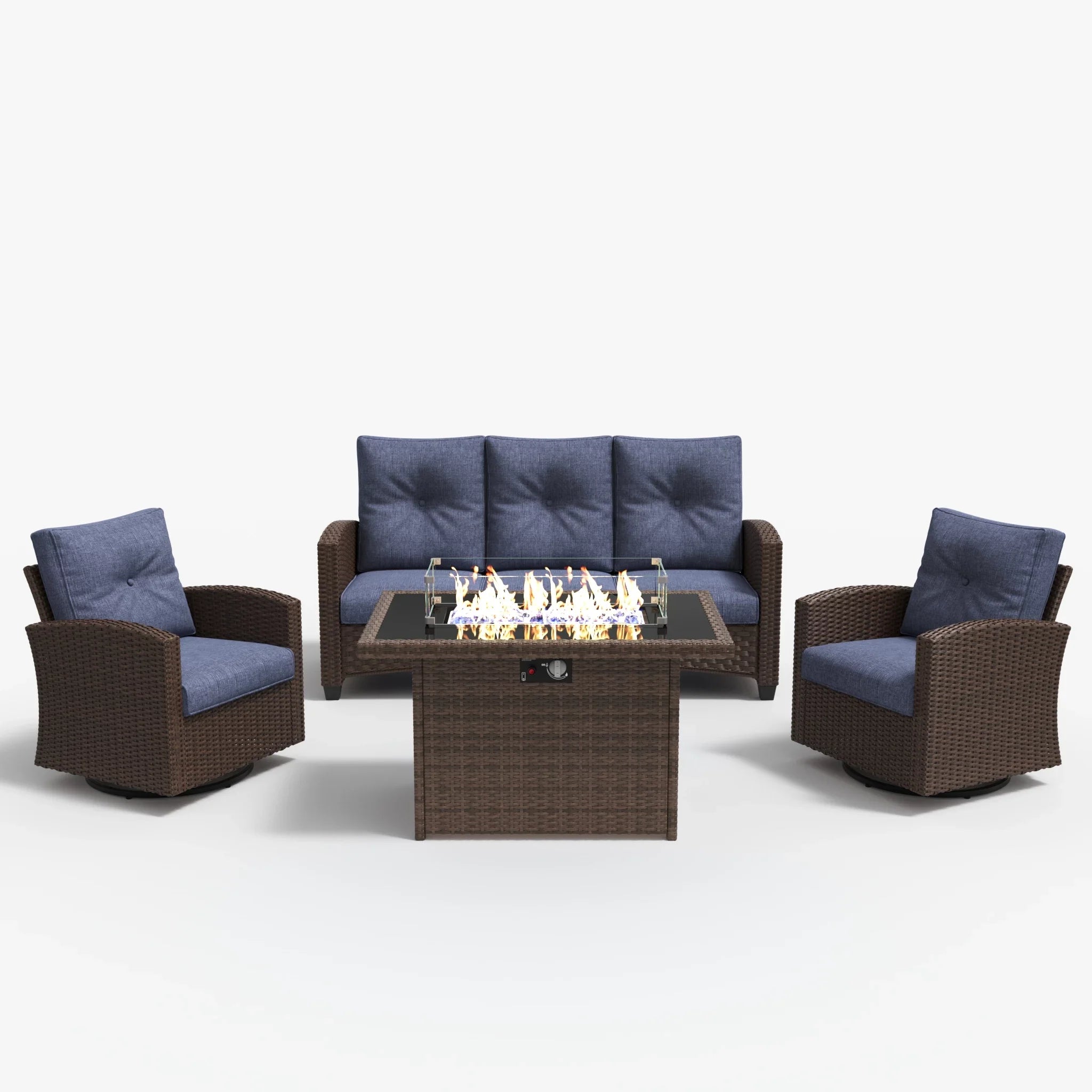 LayinSun 4 Pieces Traditional Patio Furniture Set with Wicker Swivel Chairs & Fire Pit Table