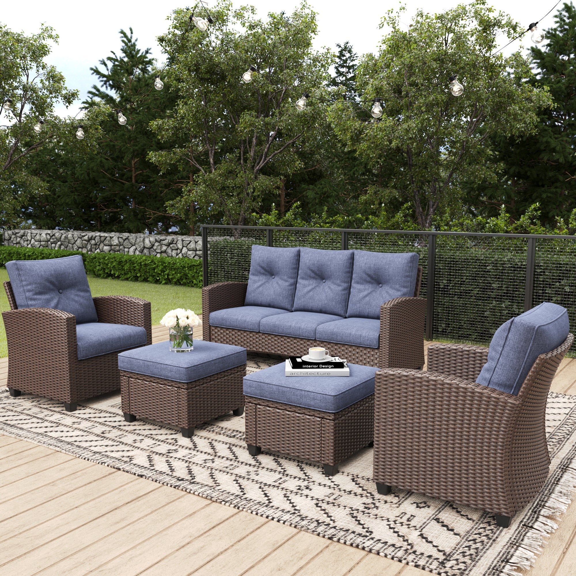 LayinSun 5 Pieces Traditional Patio Furniture Set with Wicker Armchair Chairs