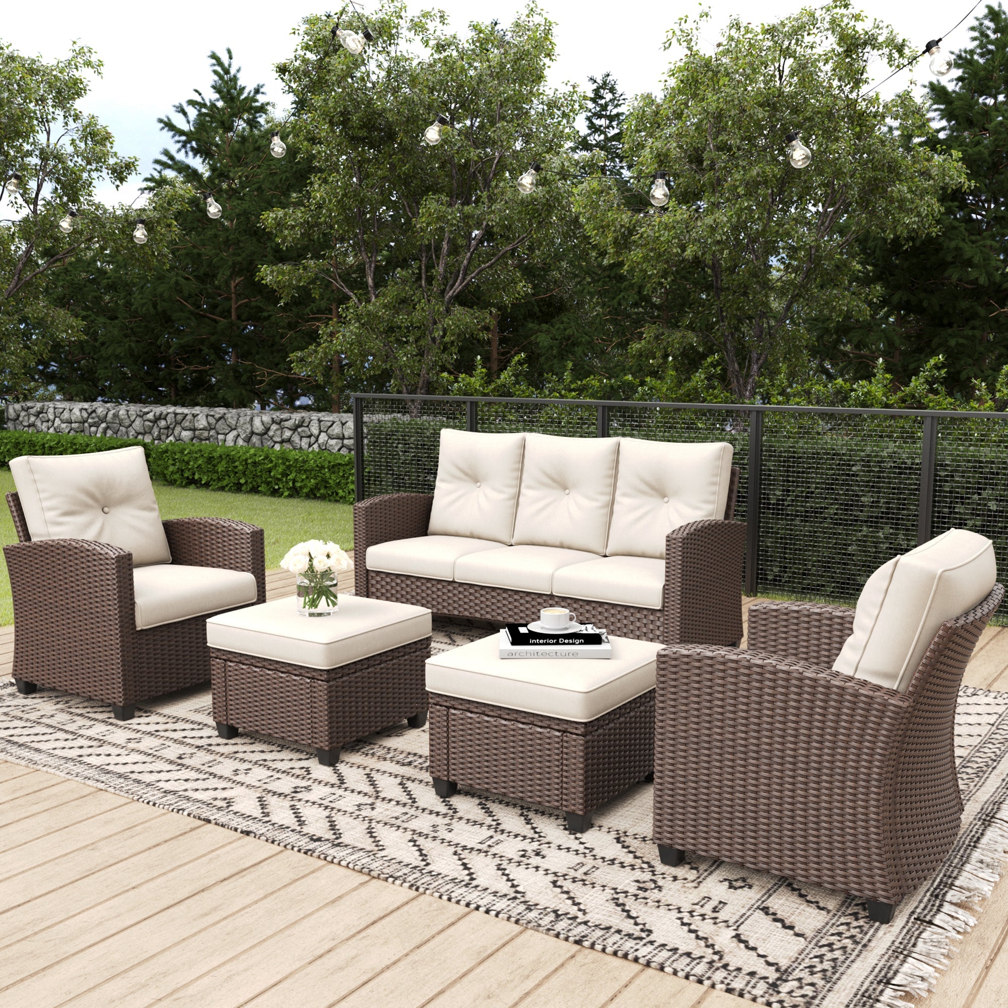 LayinSun 5 Pieces Traditional Patio Furniture Set with Wicker Armchair Chairs