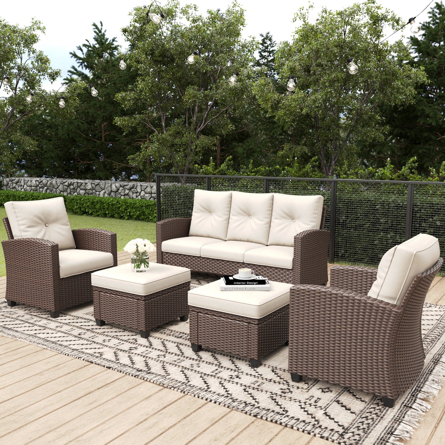 LayinSun 5 Pieces Traditional Patio Furniture Set with Wicker Armchair Chairs