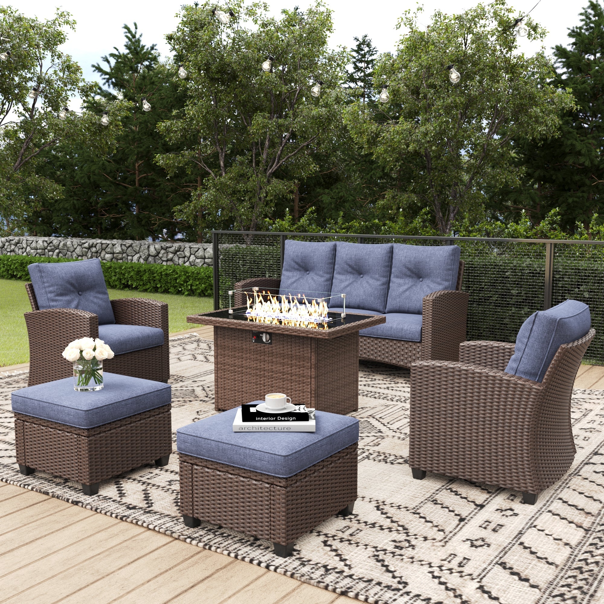 LayinSun 6 Pieces Traditional Patio Furniture Set with Wicker Armchair Chairs & Fire Pit Table