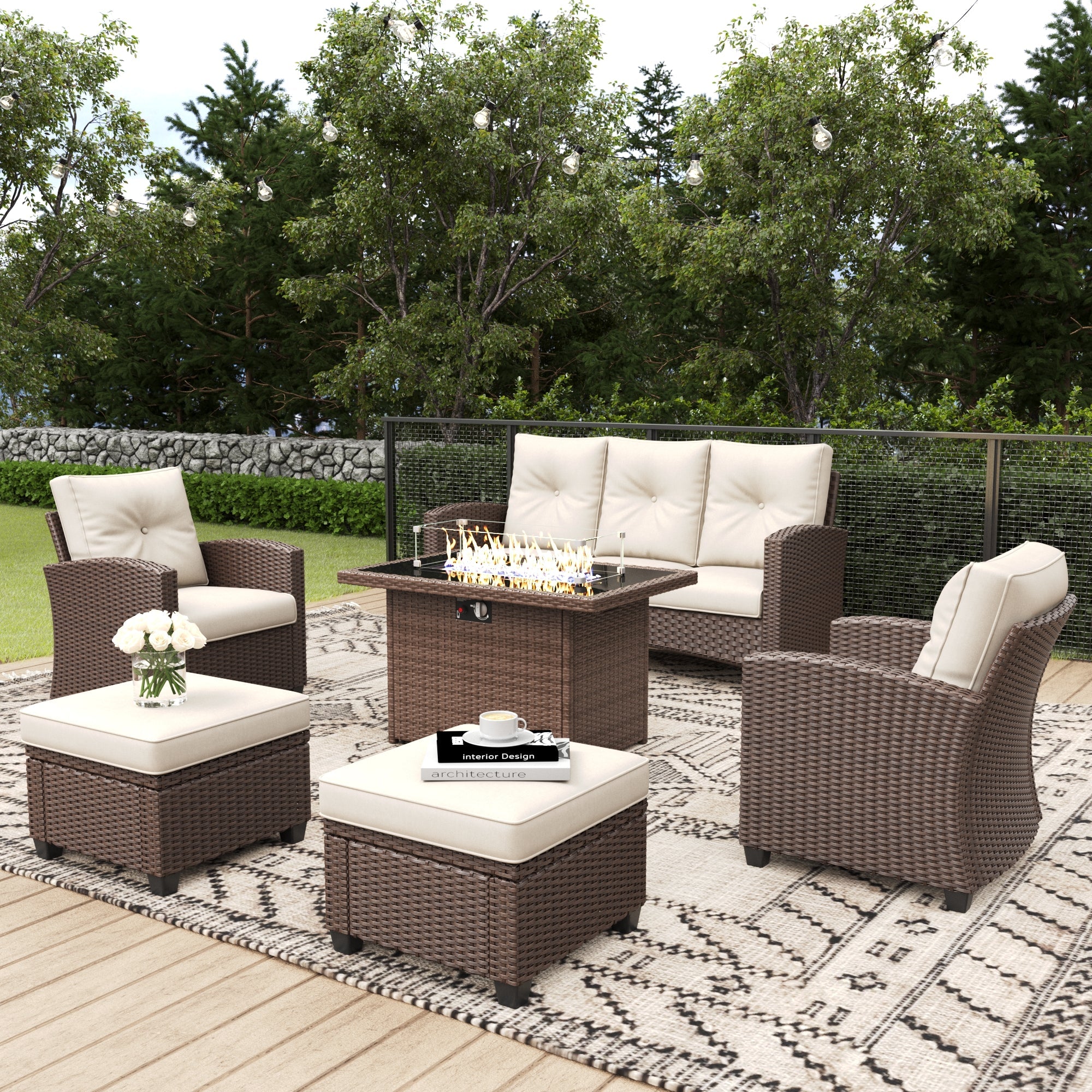 LayinSun 6 Pieces Traditional Patio Furniture Set with Wicker Armchair Chairs & Fire Pit Table