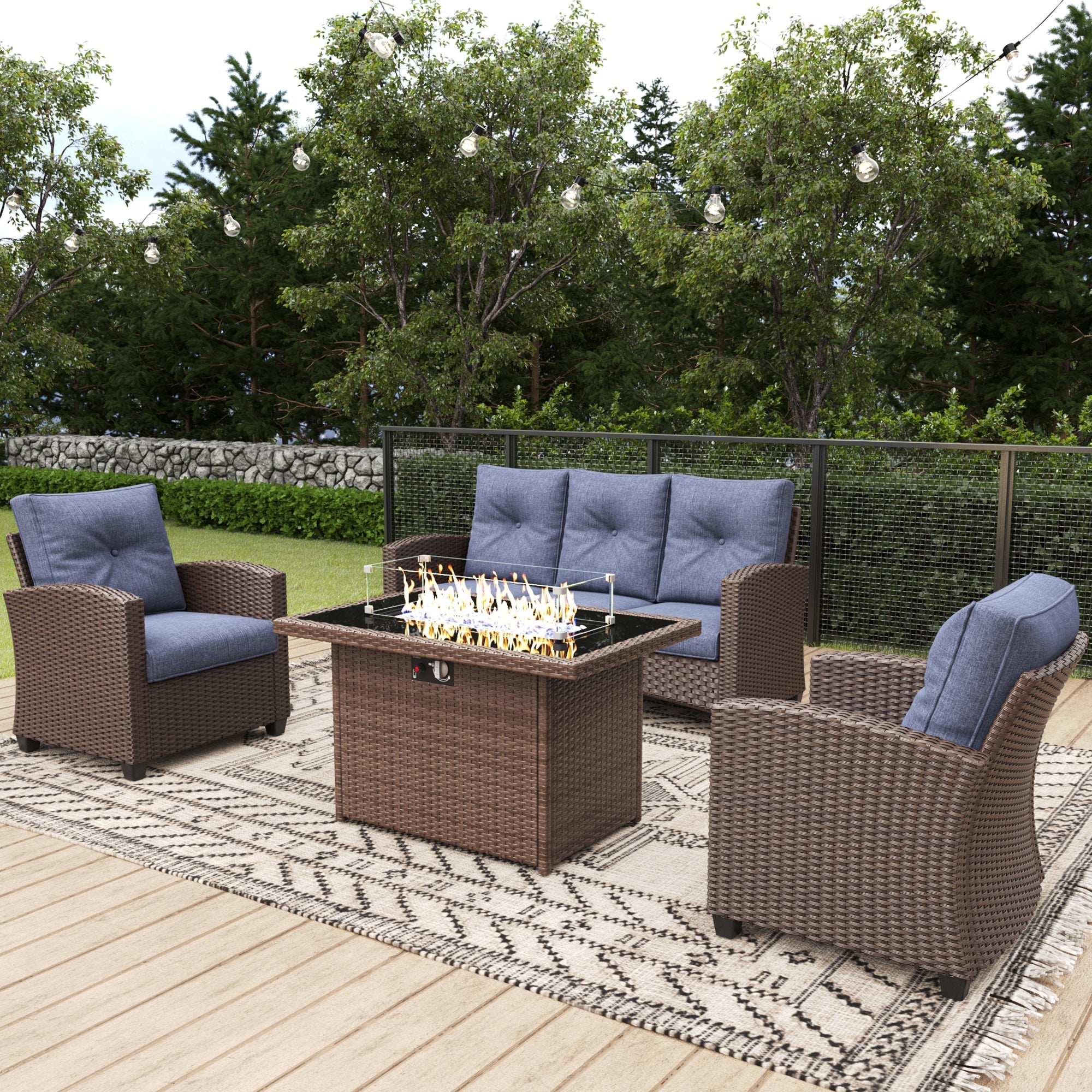 LayinSun 4 Pieces Traditional Patio Furniture Set with Wicker Armchair Chairs & Fire Pit Table