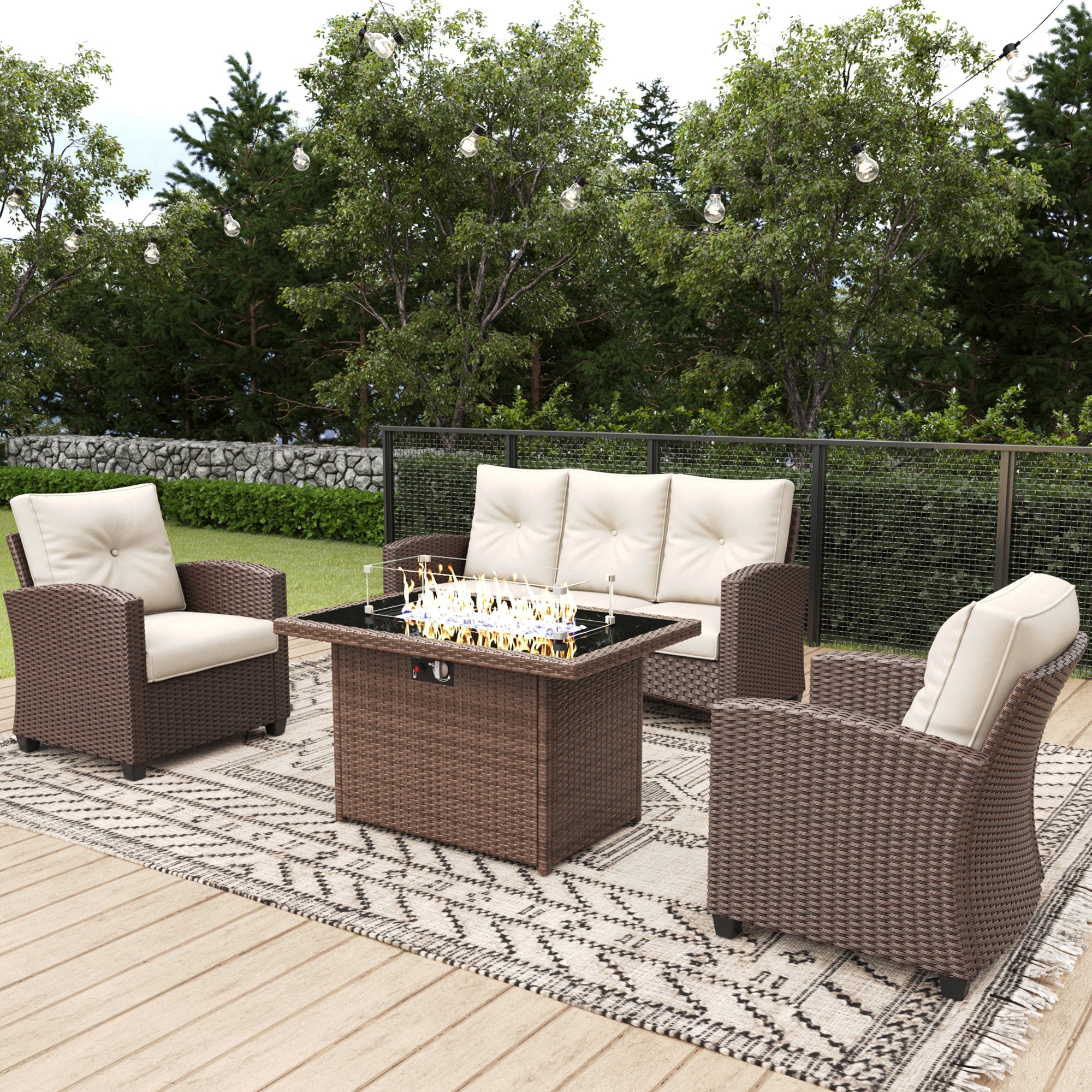 LayinSun 4 Pieces Traditional Patio Furniture Set with Wicker Armchair Chairs & Fire Pit Table