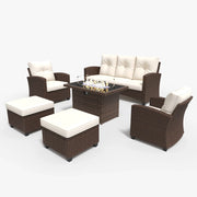 LayinSun 6 Pieces Traditional Patio Furniture Set with Wicker Armchair Chairs & Fire Pit Table