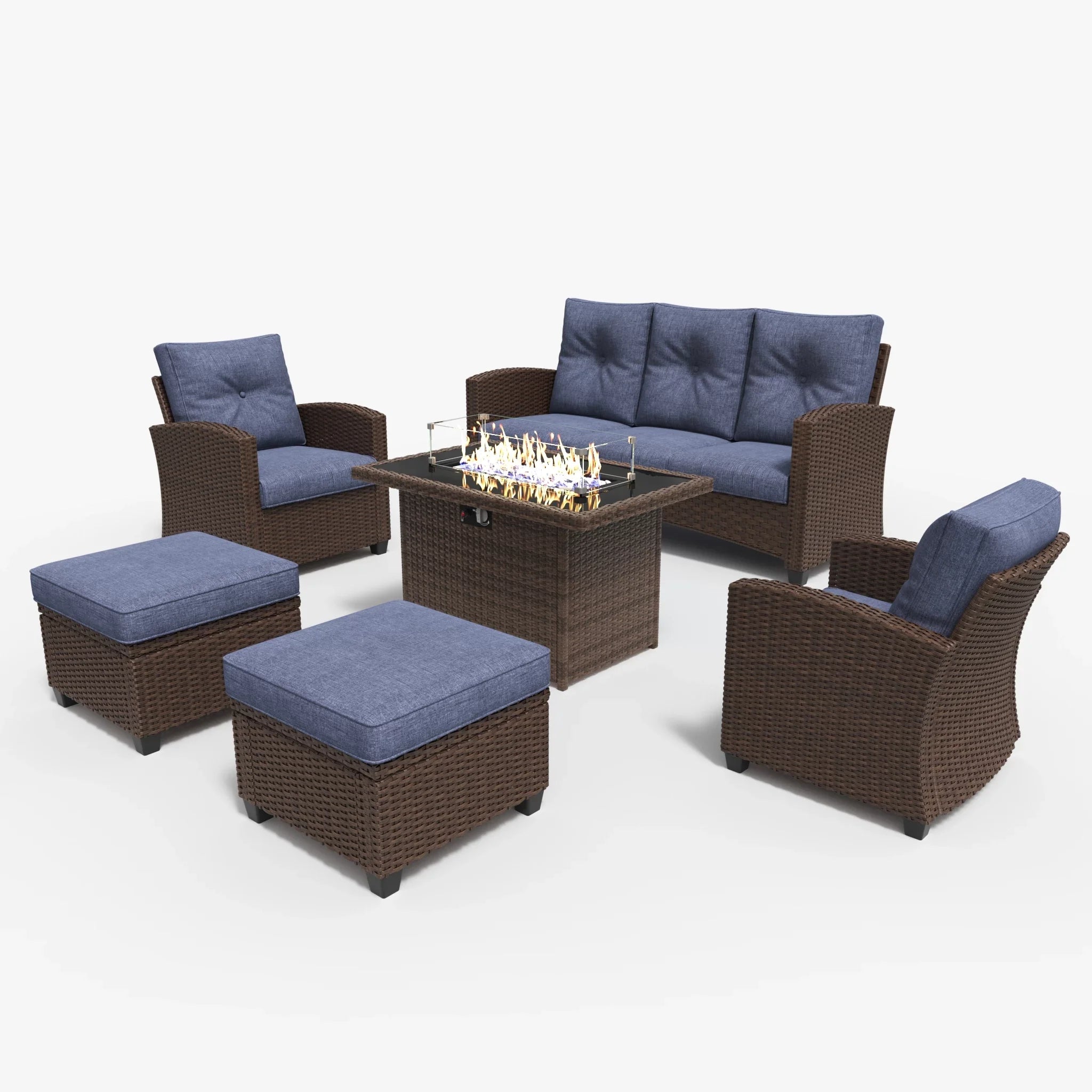 LayinSun 6 Pieces Traditional Patio Furniture Set with Wicker Armchair Chairs & Fire Pit Table